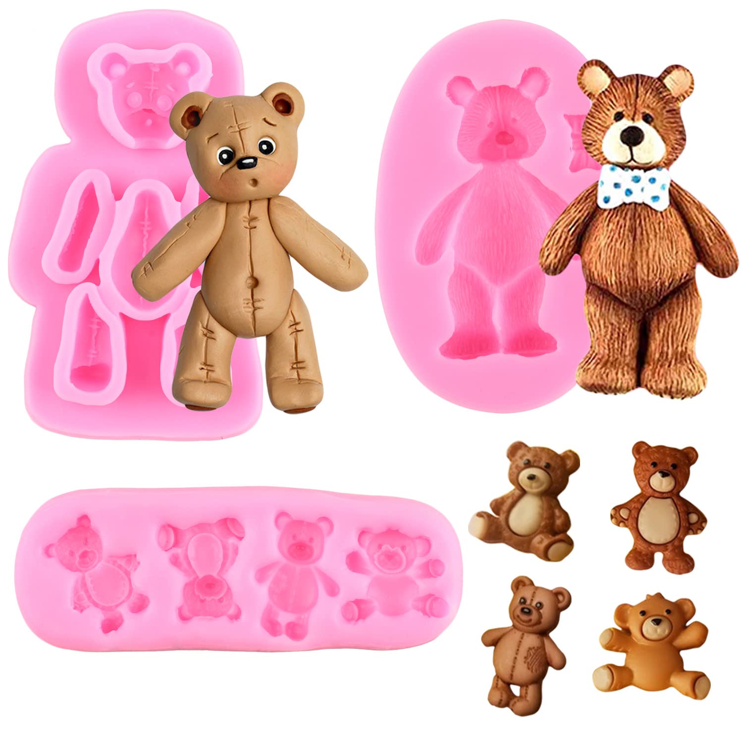 Mypracs Bear Silicone Fondant Molds Bear Bowknot Chocolate Mold For Teddy Bear Cake Decorating Cupcake Topper Gum Paste Candy Po