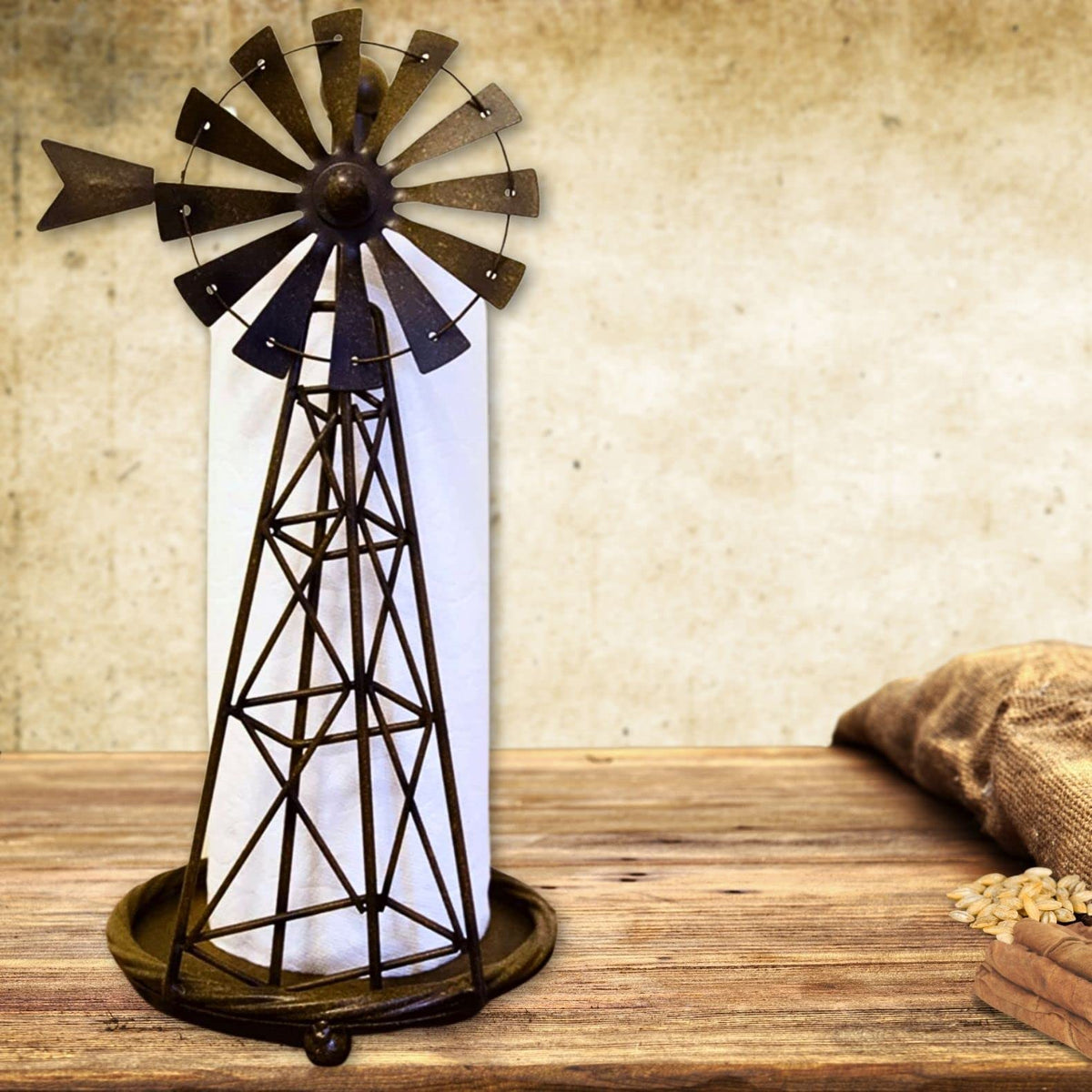 Windmill Metal Paper Towel Holder Rustic Country Farmhouse Style (No Assembly Needed, Ready To Use)