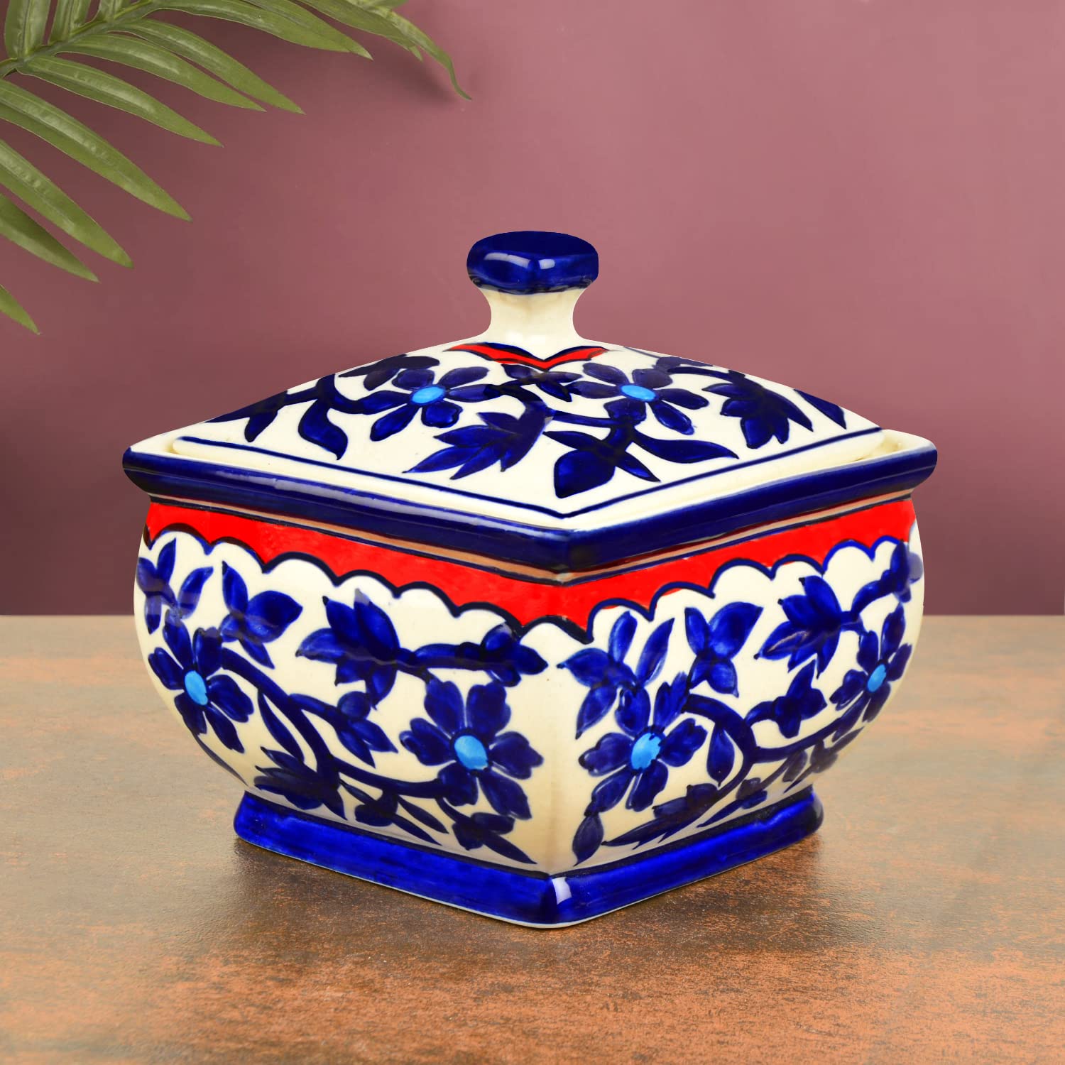 Stylemyway Hand Painted Ceramic Serving Donga With Lid (1200 Ml, Blue Mughal Painting) | Casserole | Dinner Serving Bowl With Li