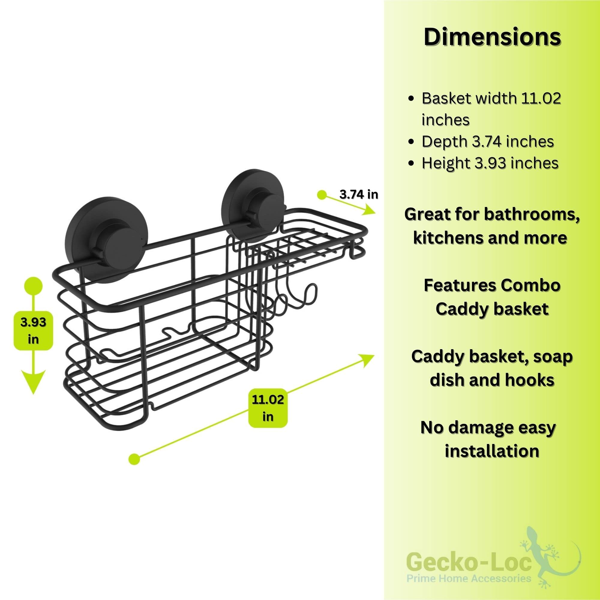 Gecko-Loc Combo Shower Caddy Organizer Vacuum Suction Cup Mount Metal Basket Shampoo Soap Dish Holder Rack With Hooks Bronze Bat