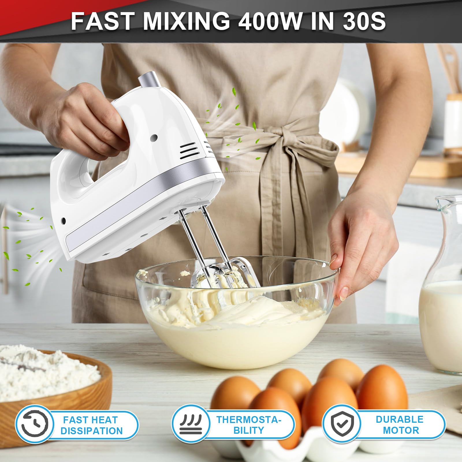 Lord Eagle Hand Mixer Electric  400W Power handheld Mixer for Baking Cake Egg Cream Food Beater  Turbo Boost/Self-Control Speed + 5 Speed + Eject Button + 5 Stainless Steel Accessories (White)