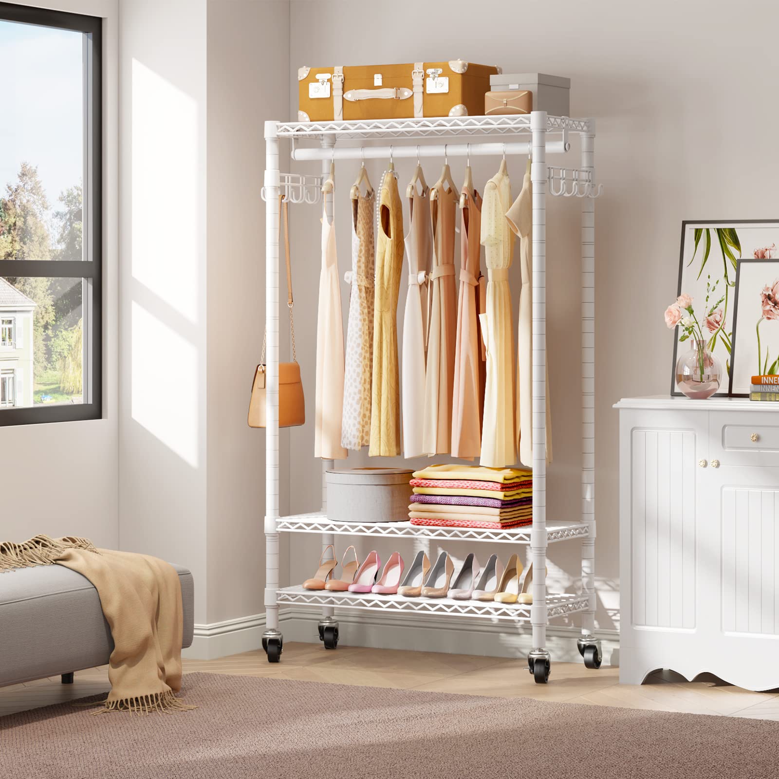 Vipek R1 Rolling Clothing Rack Heavy Duty Garment Rack For Hanging Clothes, Portable Closet Wardrobe With Wheels And Side Hooks,