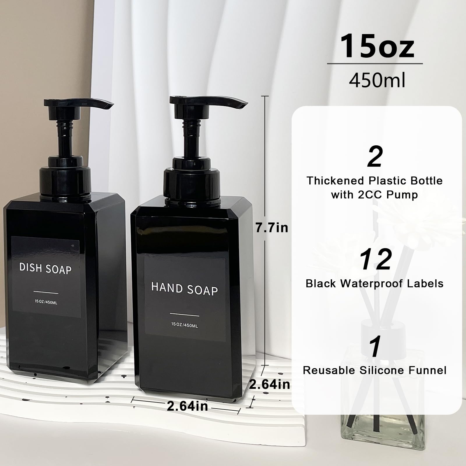 Black Soap Dispenser With Waterproof Labels, Plastic Hand Soap Dispenser For Bathroom, Thickened Plastic Dish Soap Dispenser, Sh