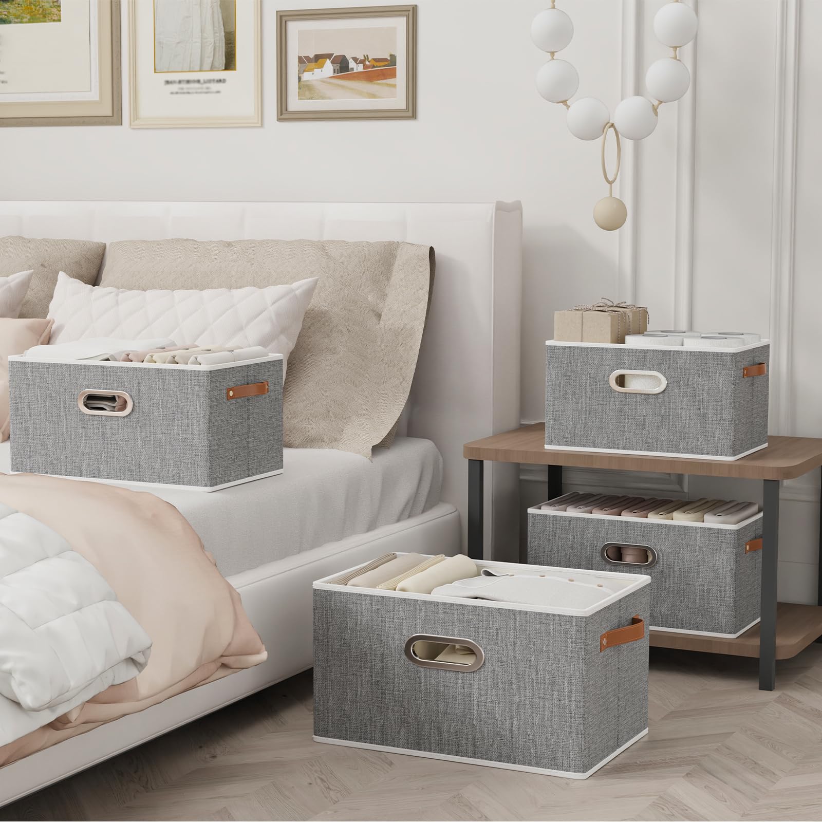 Yawinhe Collapsible Storage Bins  12.99 x 9.05 x 7.87 Inch  Cube Storage Bins  Fabric Foldable Storage Bins Organizer Containers with Dual Leather Handles for Home Closet Office (Grey  4-Pack)