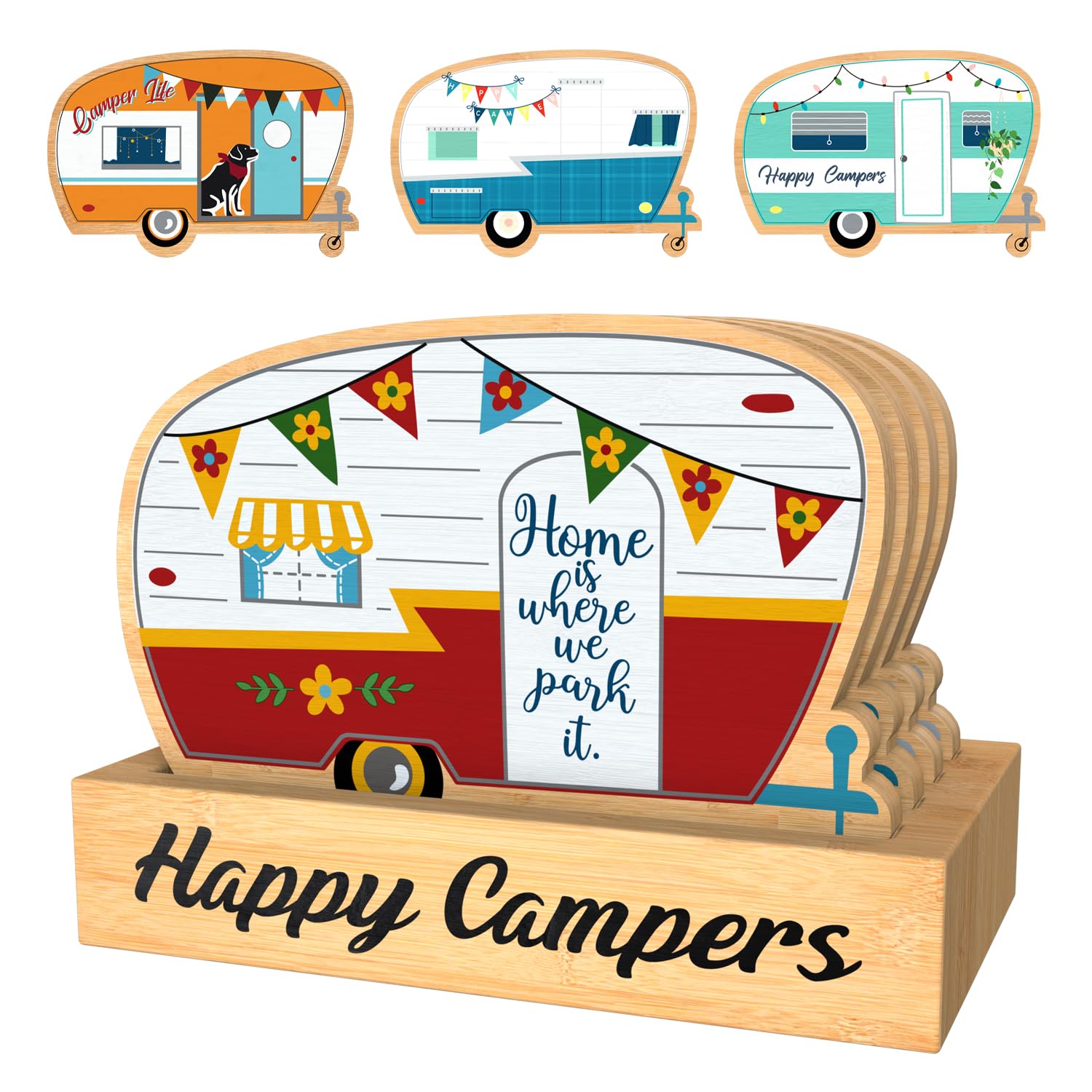 Haigoo Camping Coasters Set Of 6, Happy Camper Bamboo Coaster With Holder, Rv Lover Gifts Square Drink Coasters Suitable For Var
