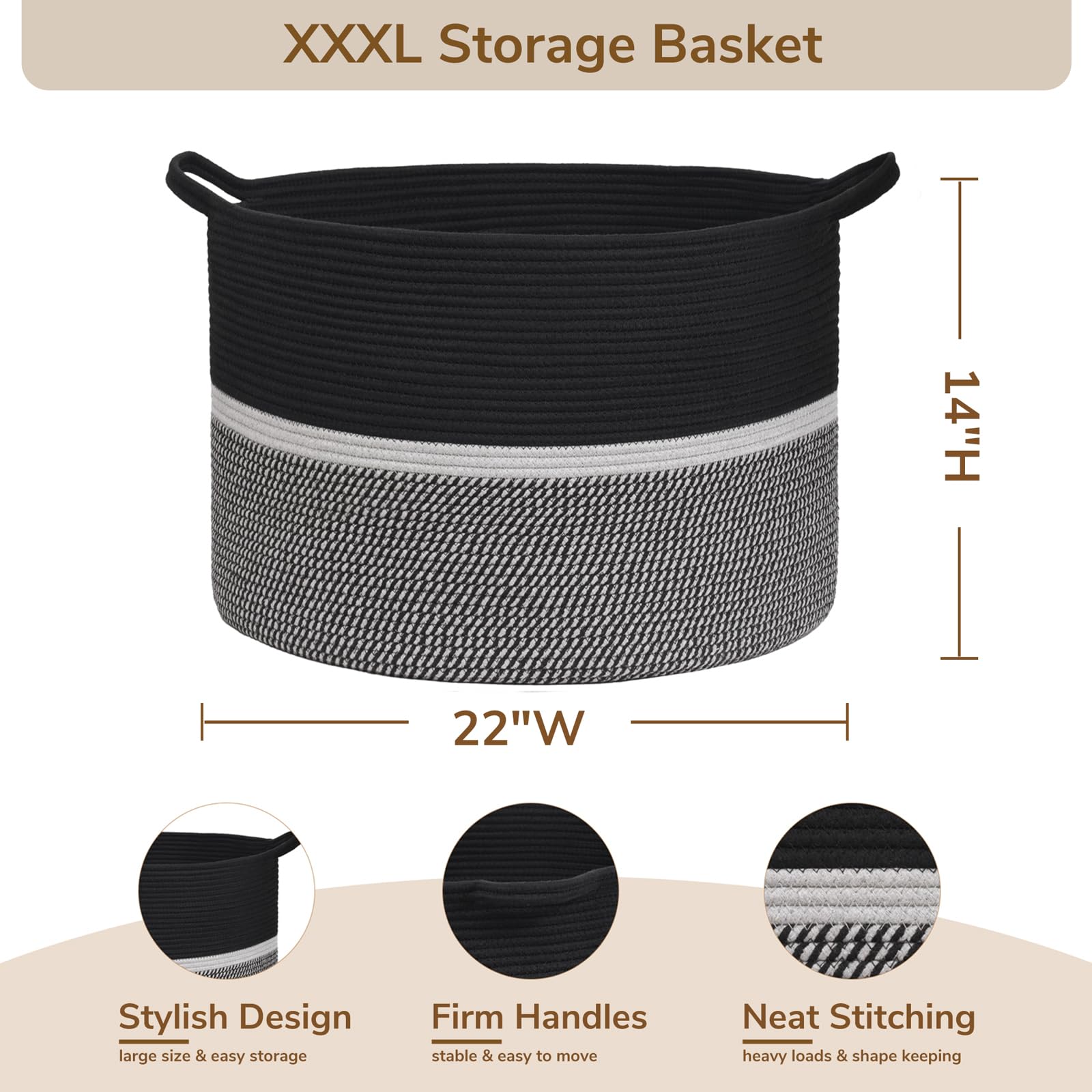 Chicvita Extra Large Laundry Basket, Woven Rope Blanket Basket For Towels, Clothes, Toy Storage Basket, Pillow Basket For Living