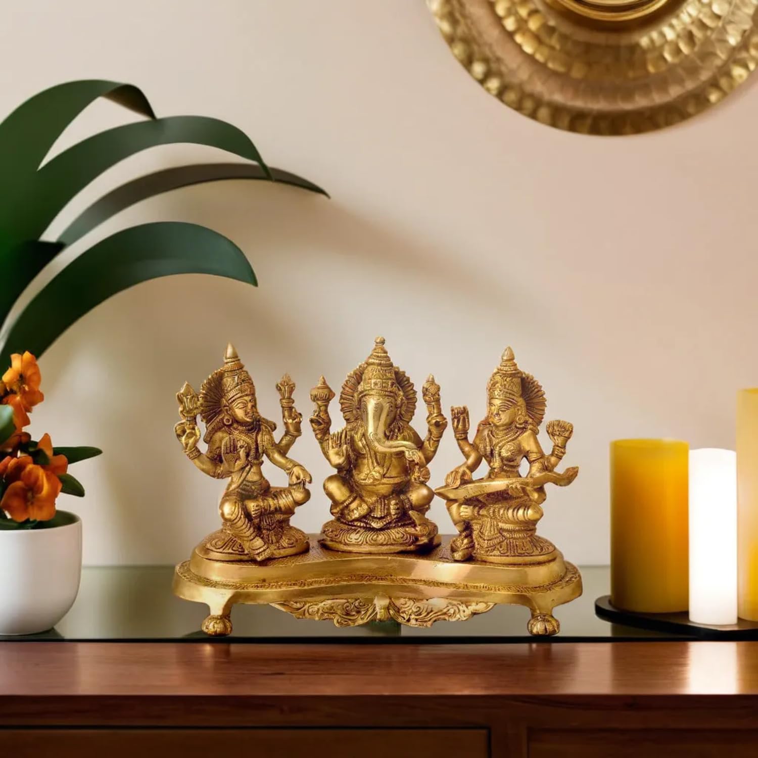 Kartique Brass Laxmi Ganesh Saraswati Idol | Ganesha Statue | Ganpati Murti | For Home Decor | Gift | (Gold)