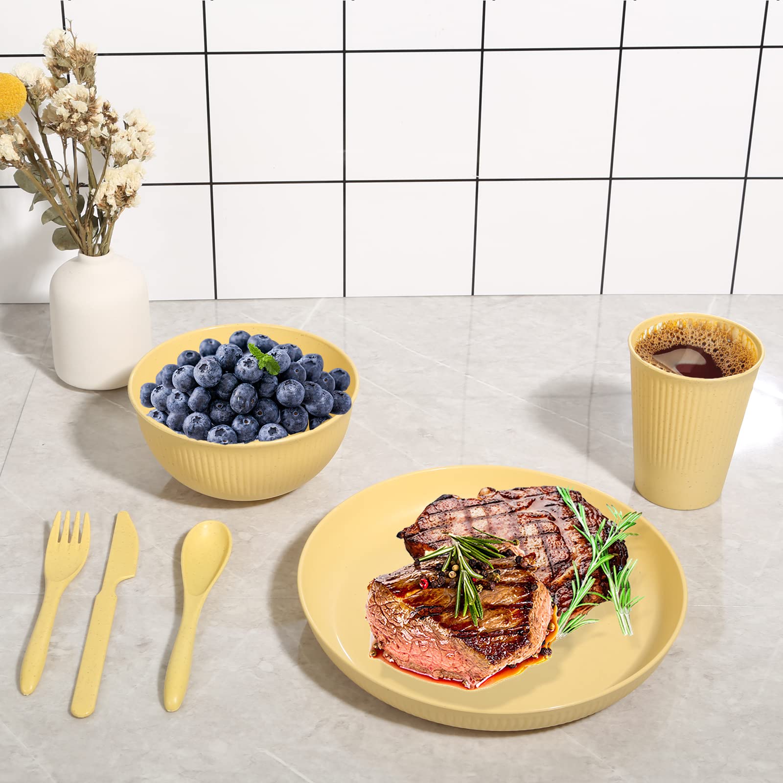 Wheat Straw Dinnerware Sets -DAPIPIK 36 Piece Unbreakable Dinnerware Sets for 6, Wheat Straw Plates and Bowls Set, Lightweight C
