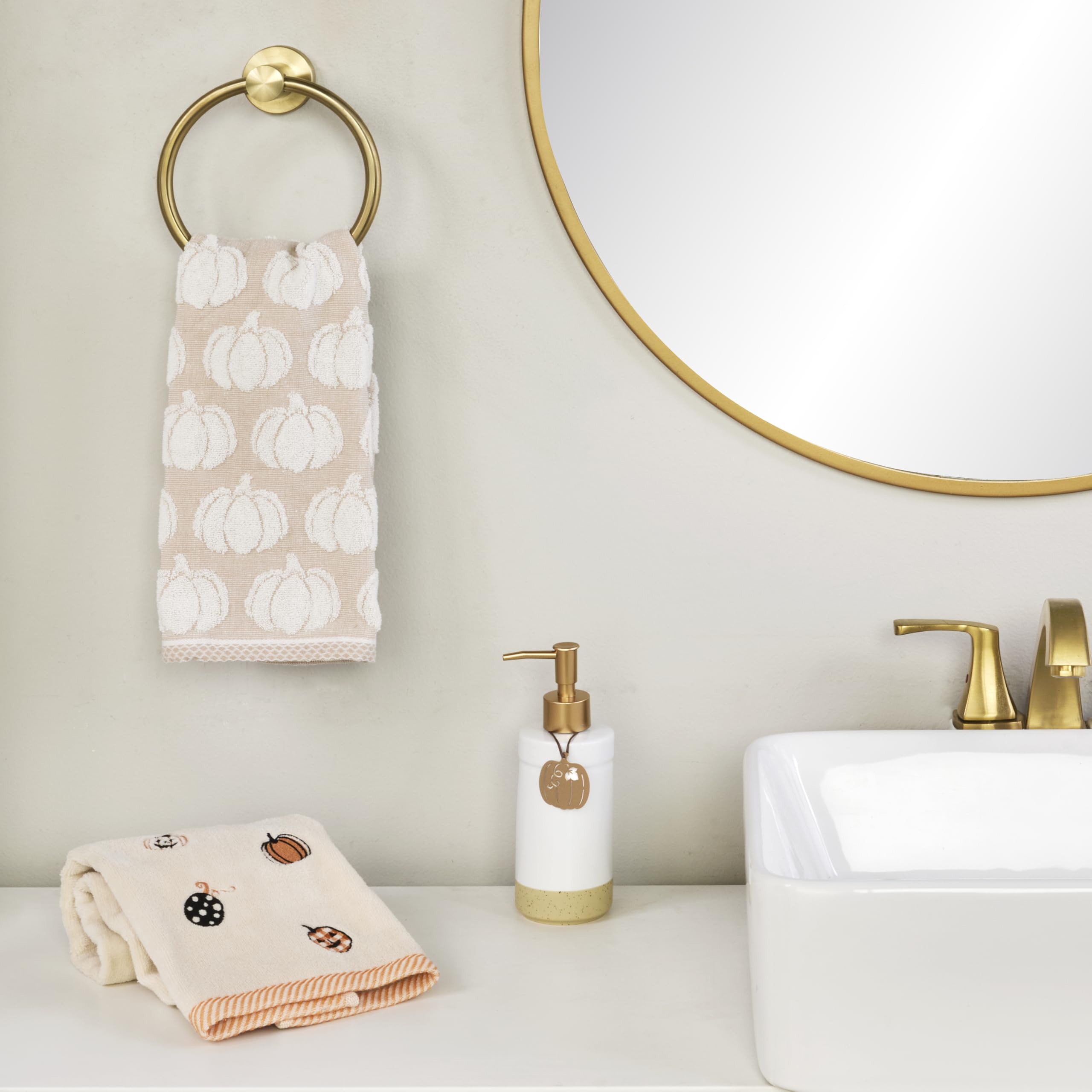 SKL Home Autumn/Fall/Thanksgiving Pumpkin Jacquard 100% Cotton Reversible 2pc Hand Towel Set, Soft & Absorbent, Decorative for B