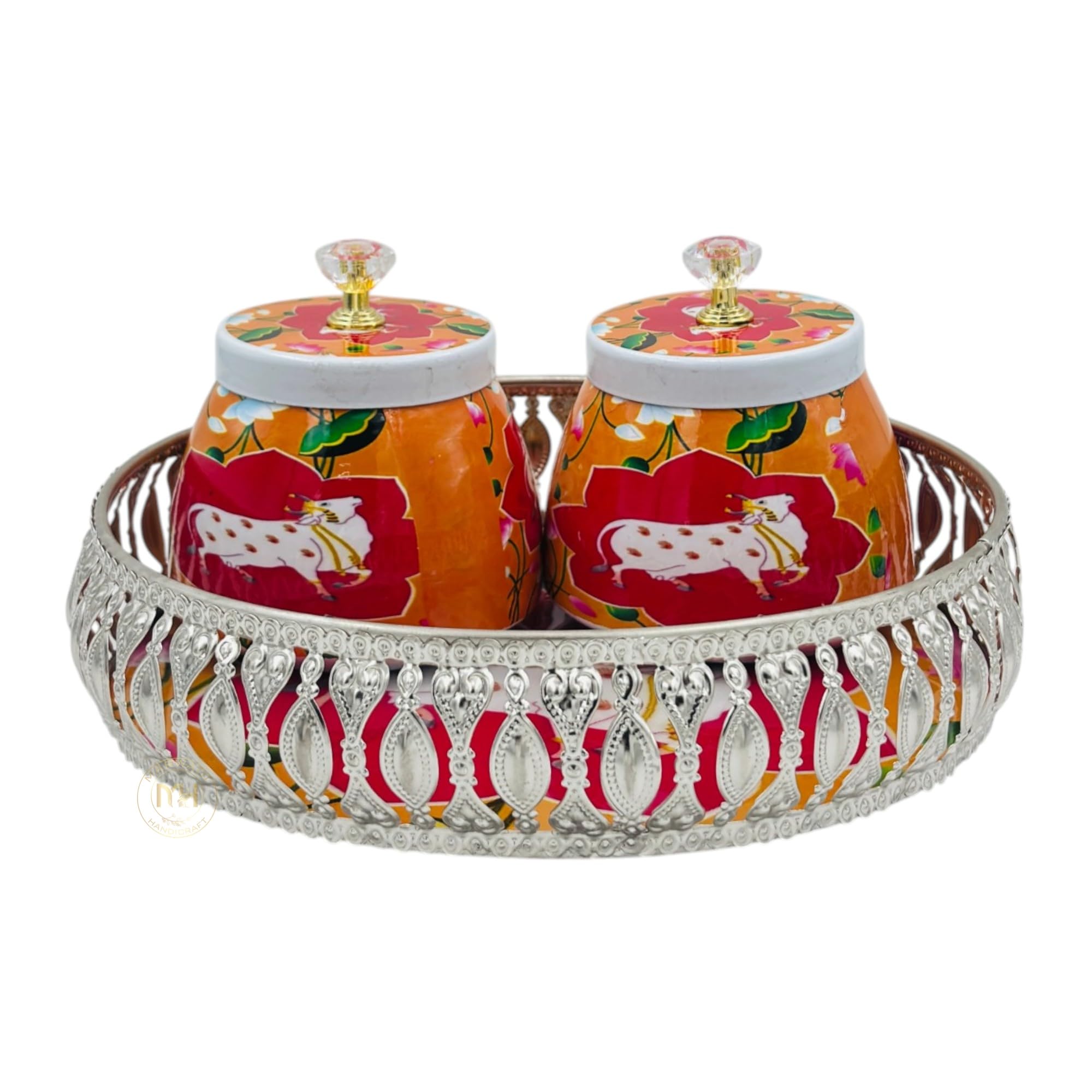 Cooptic Handcrafted Iron Pichwai Tray Set With 2 Decorative Storage Jars | Ethnic Serving Tray For Dry Fruits, Snacks, Festive G