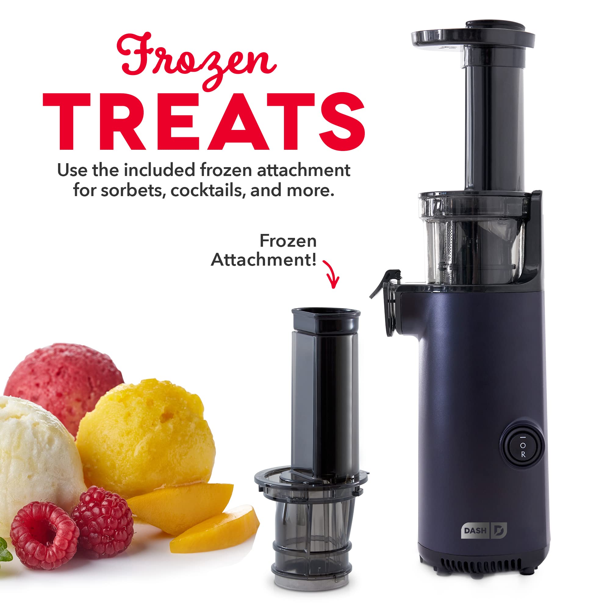 DASH Deluxe Compact Masticating Slow Juicer  Easy to Clean Cold Press Juicer with Brush  Pulp Measuring Cup  Frozen Attachment and Juice Recipe Guide - Black
