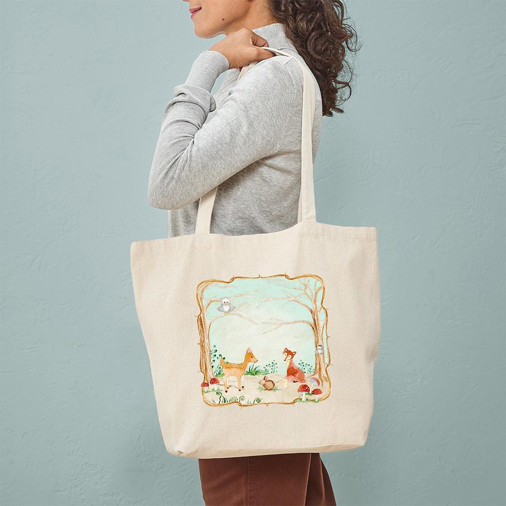 Cafepress Woodland Creatures Animals Deer Fox Rabbit Owl Art Natural Canvas Tote Bag, Reusable Shopping Bag