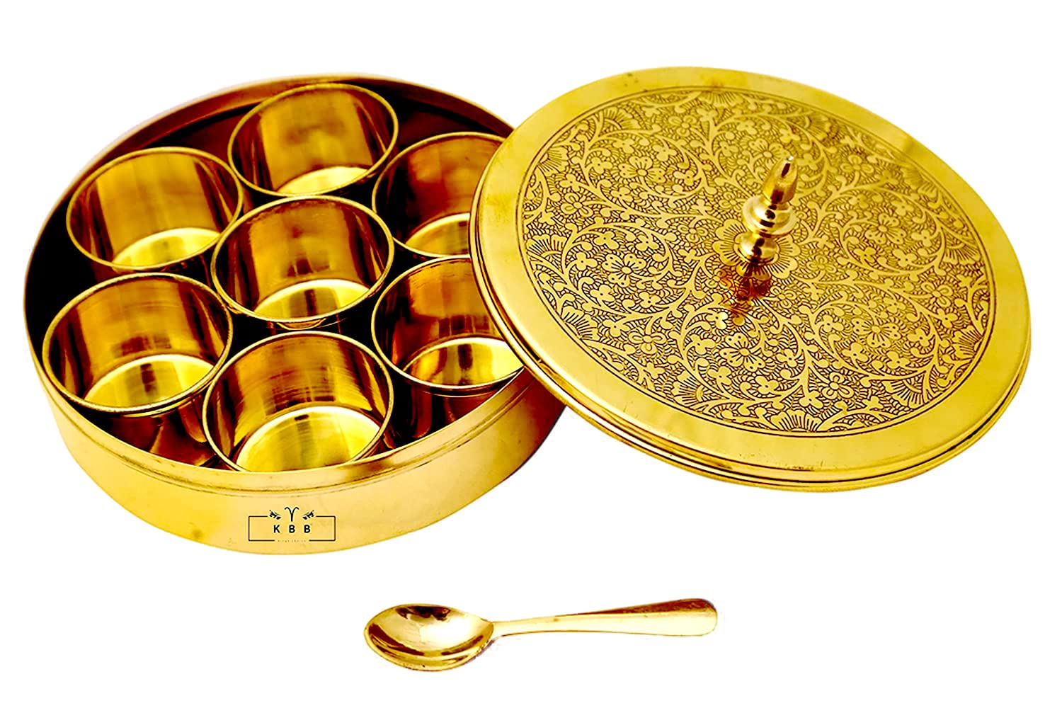 Kbb Pure Brass Masala Box Set With Brass Spoon Spice Box Masala Dani Dabba (50Ml Each Container Capacity  7 Conatiner)