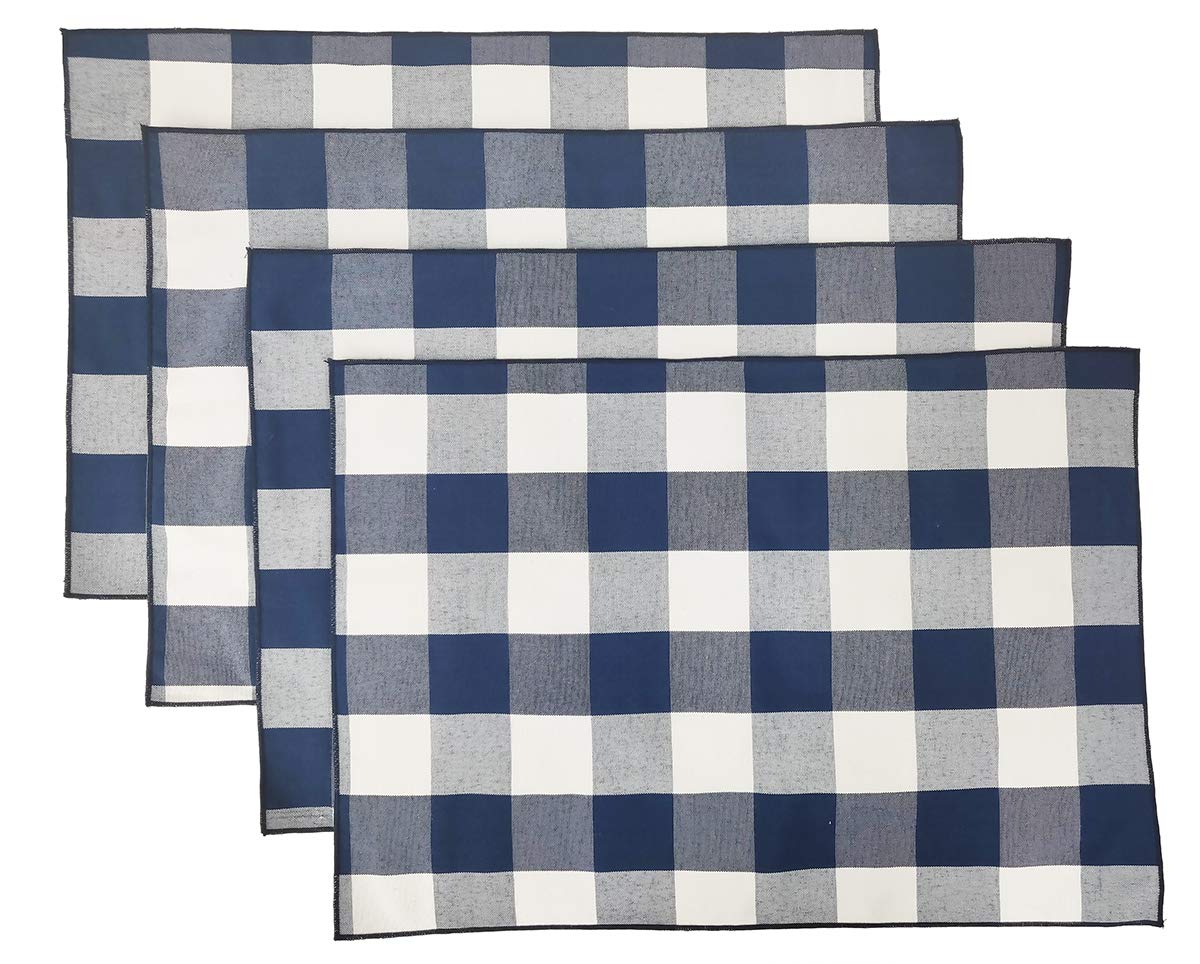 Fennco Styles Buffalo Check Double Layers Reversible Placemats 14'' W X 20'' L, Set Of 4 - Handmade In Usa - Navy Blue Plaid Tab