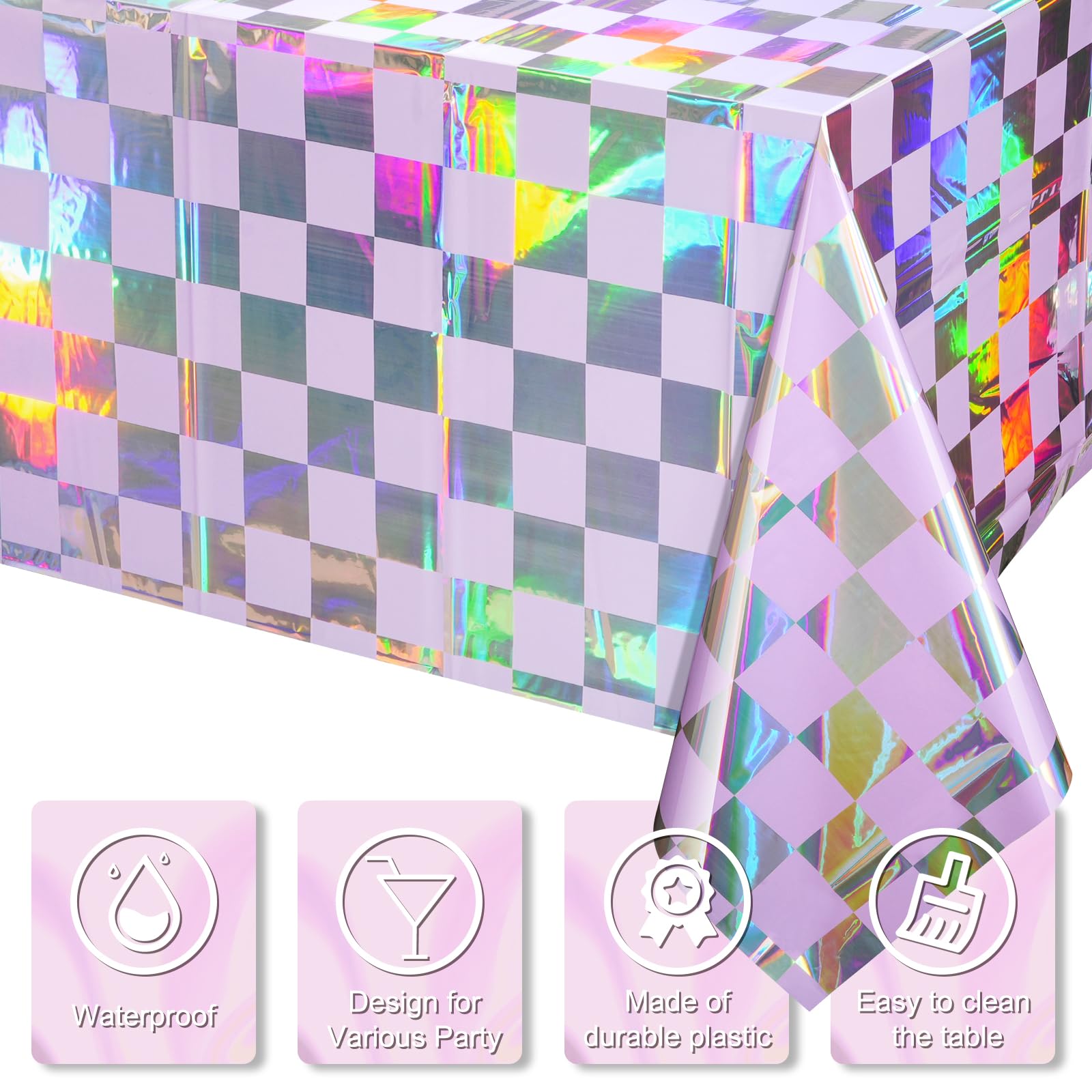 3Pack Iridescent Checkered And Purple Plastic Tablecloths Shiny Disposable Laser Rectangle Table Covers Holographic Foil Tablecl