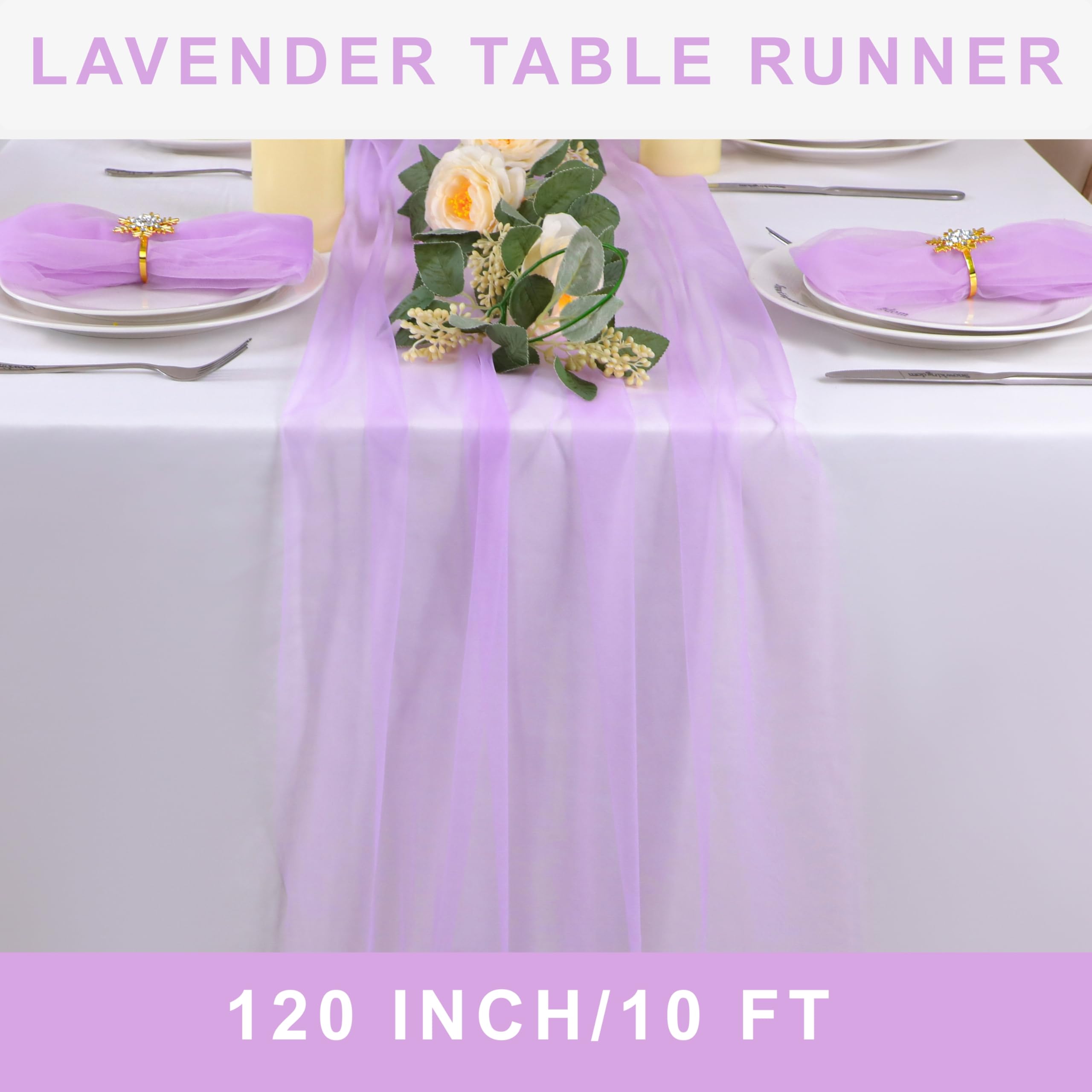 Snowkingdom Lavender Lilac Purple Table Runner, 10FT Light Purple Gauze Sheer Boho Rustic Cheesecloth Dining Table Decorations,