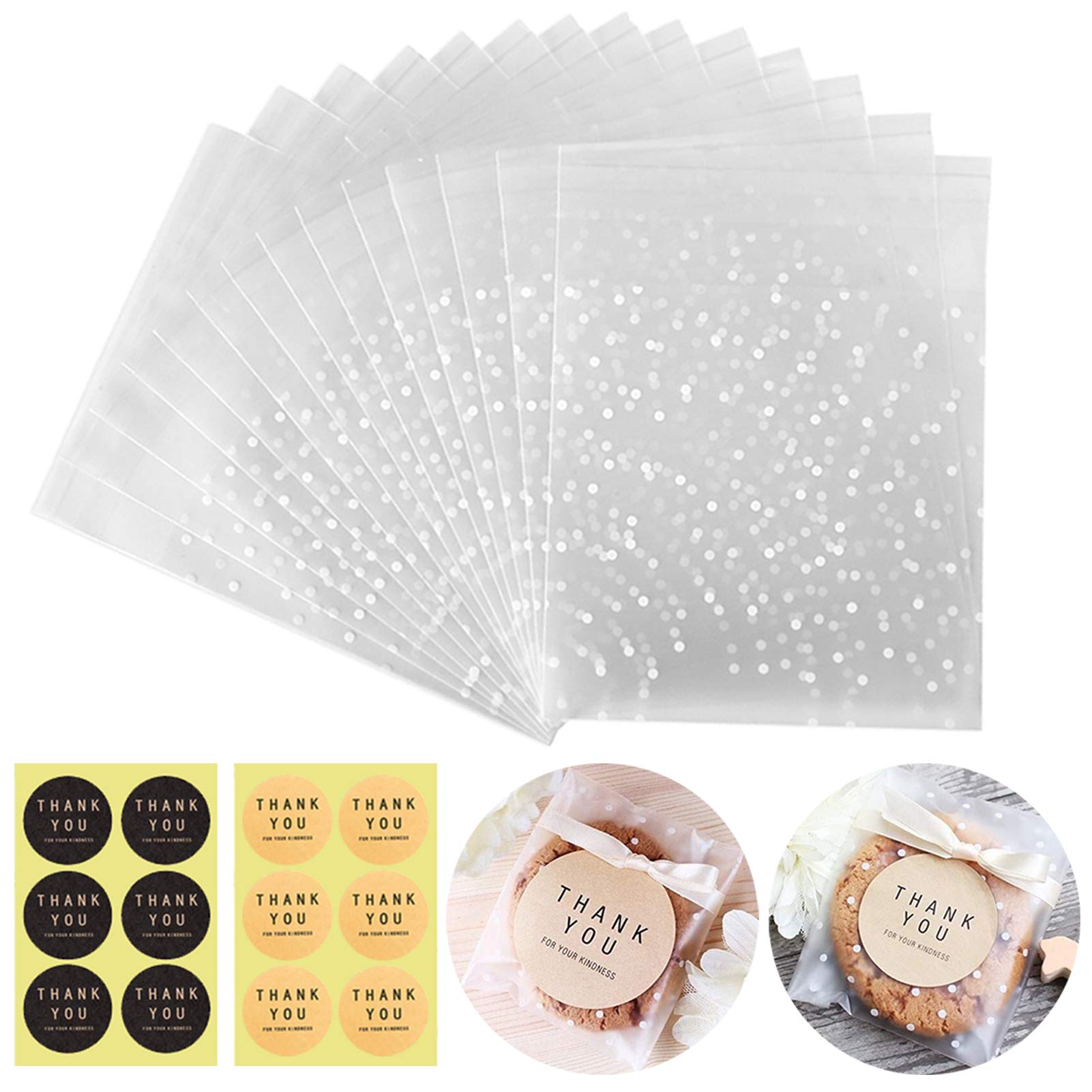 Self Sealing Cookie Bags Cellophane Treat Bags, Searik White Polka Dot Party Pastry Candy Bags For Cookie Wedding Party Gift Giv