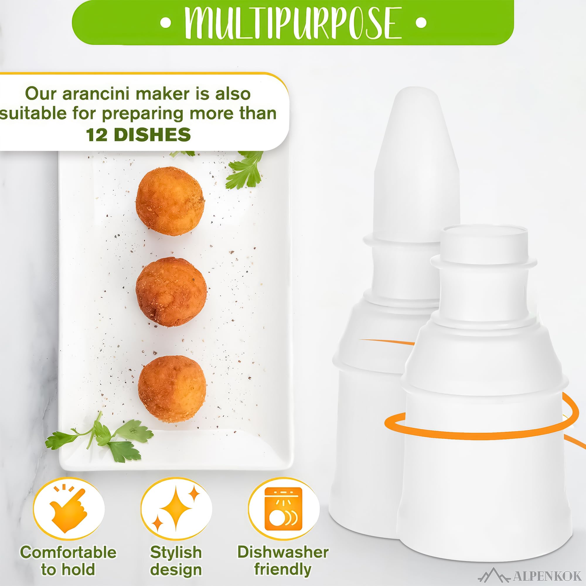 ALPENKOK Arancini Maker Mold Set of 2 - Round & Pointed Shapes, 4x3 in, Plastic, White, Model NBT-001