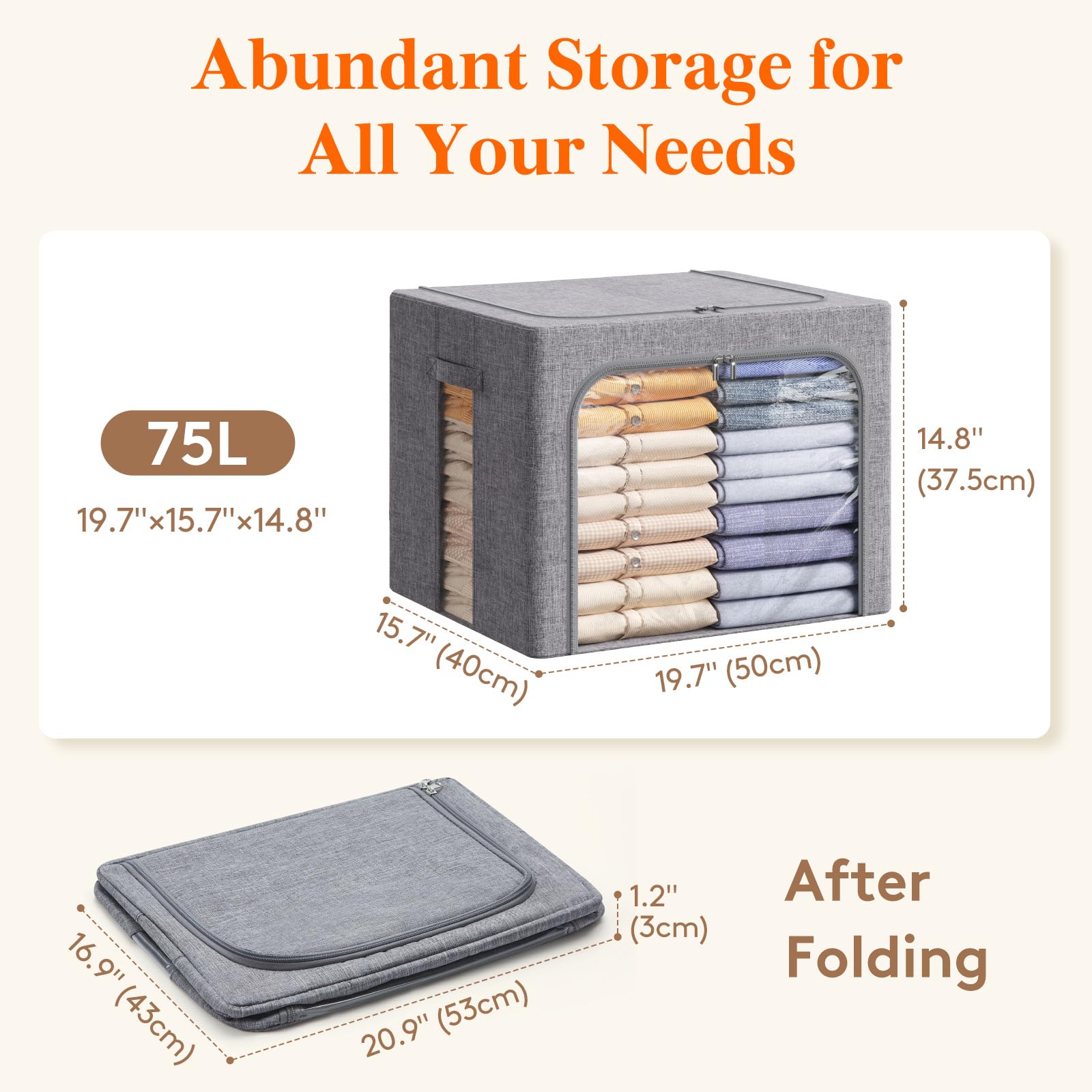 Lifewit Clothes Storage Bins with Metal Frame, Stackable Storage Box, Foldable Clothing Storage Bins with Lids, 75L Storage Bags