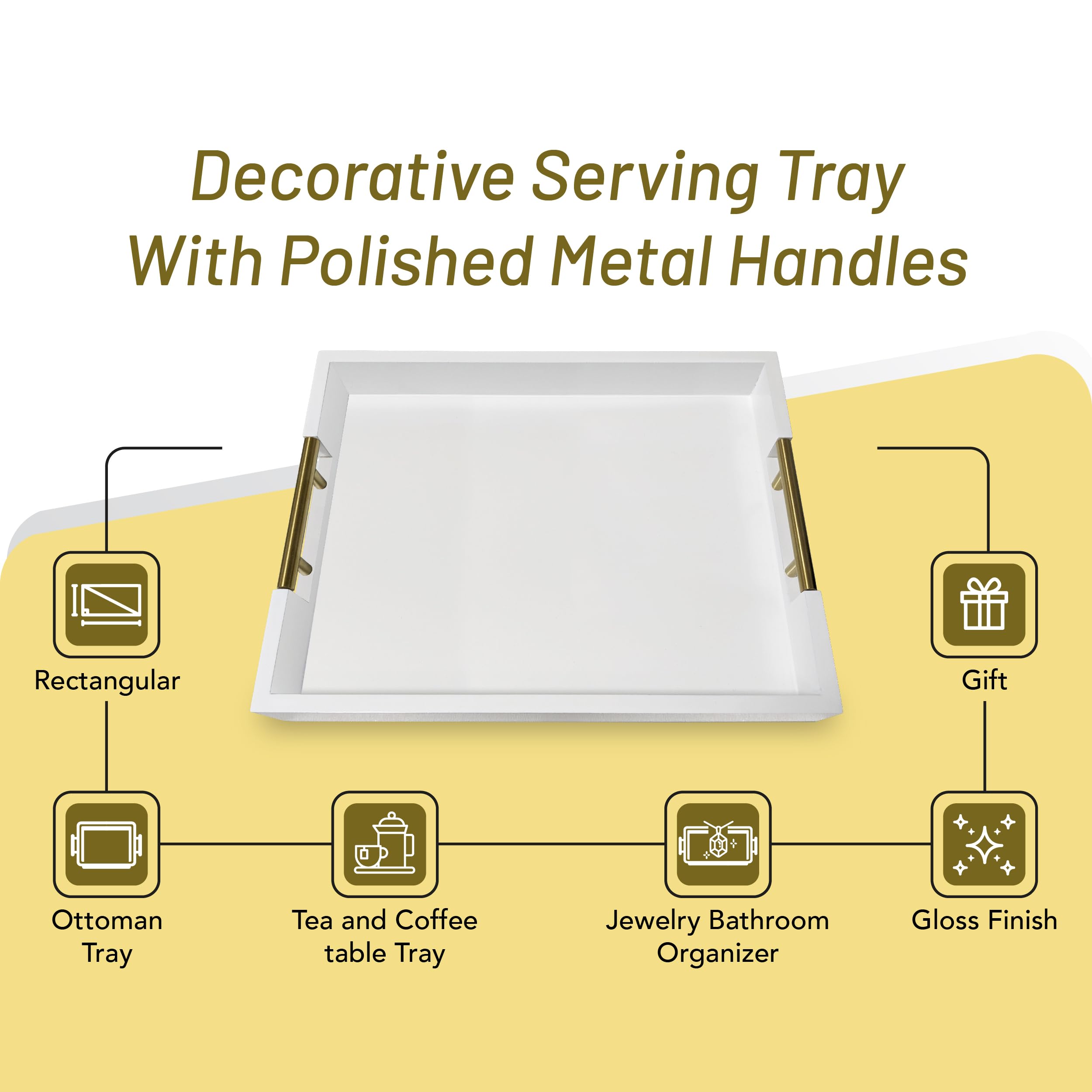15.75'' X 11.75'' White Serving Tray With Gold Polished Metal Handles, Modern Decorative Ottoman Tray, Tea And Coffee Table Tray