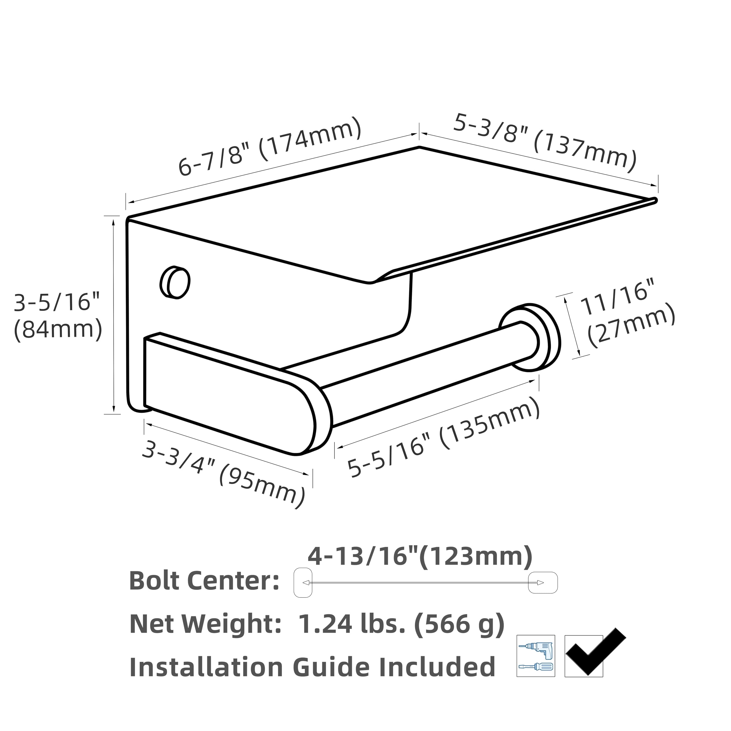 Toilet Paper Holder with Phone Shelf  APLusee SUS 304 Stainless Steel Bathroom Tissue Holder  Wall Mounted Roll Paper Dispenser  Matte Black