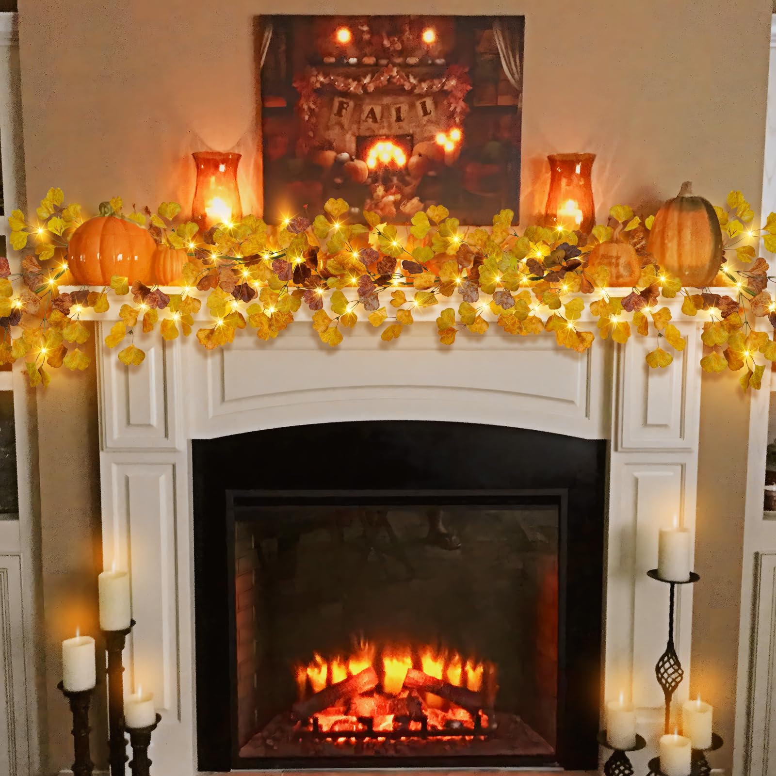 Ruidazon 6FT Fall Garland with Lights, Battery Operated Lighted Fall Leaves Garland Autumn Ginkgo Leaf Lights for Indoor Outdoor