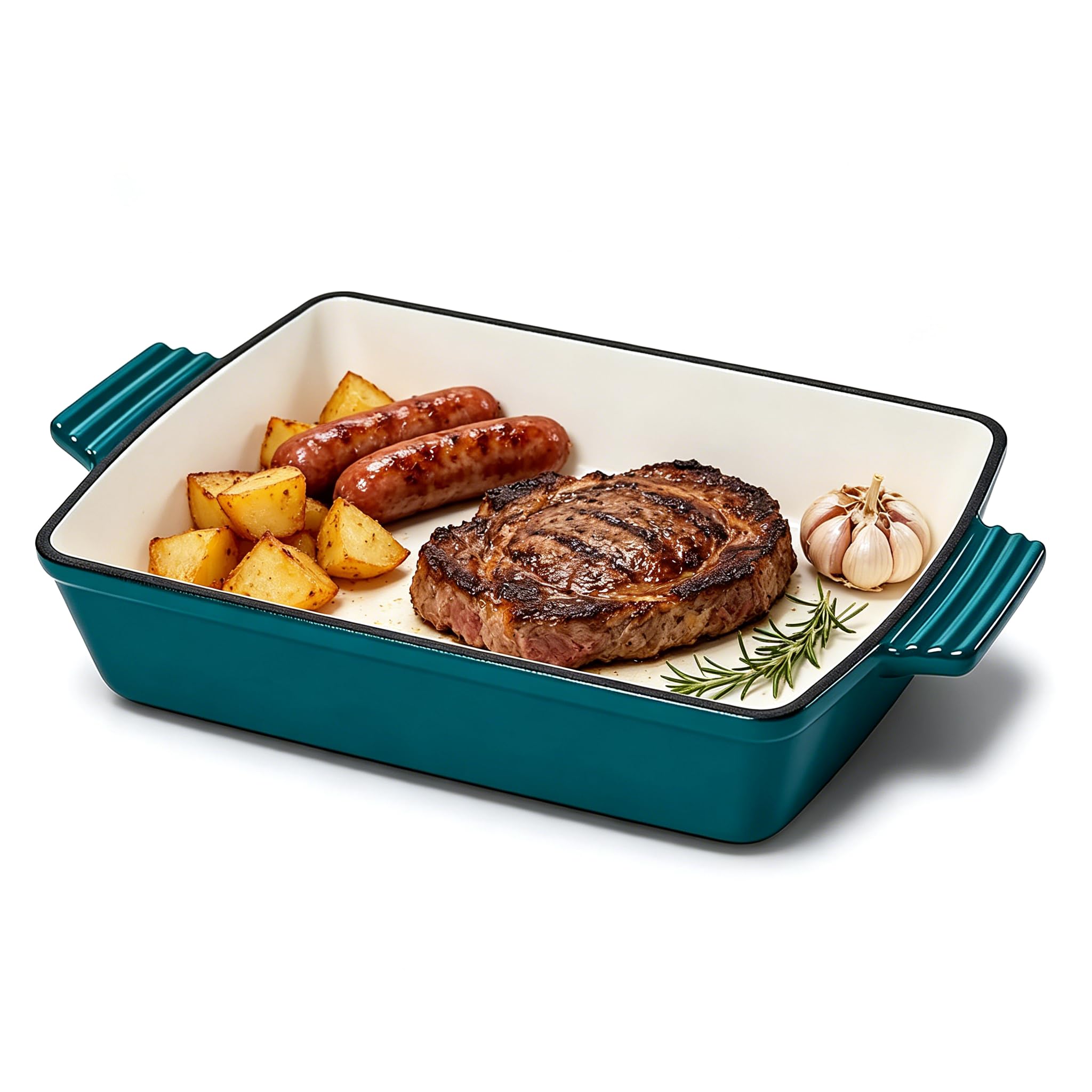 Firequince Enameled Cast Iron Lasagna Pan, Rectangular Roaster, Casserole Dish, Deep Roasting Pan, Peacock Blue, 13 x 9 inch