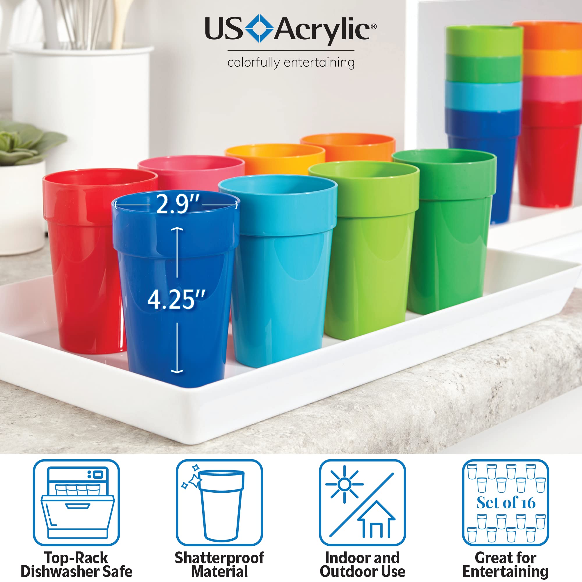Us Acrylic Spectrum Unbreakable Plastic 10 Ounce Stackable Juice Tumblers In 8 Assorted Colors | Set Of 16 Kids Drinking Cups |