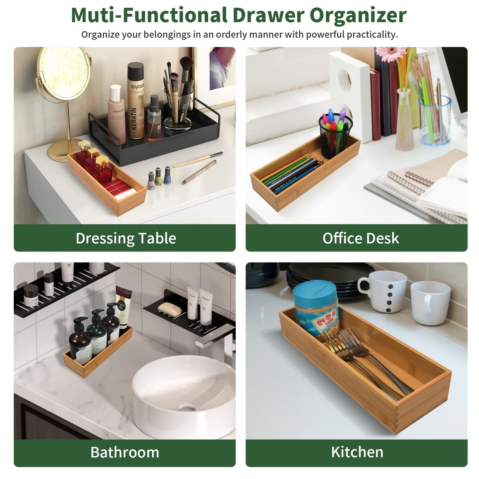 Syaoyi Bamboo Drawer Organizer - Kitchen Drawer Utensil Organizer Office Supplies Desk Organizer Makeup Silverware Tray Flatware