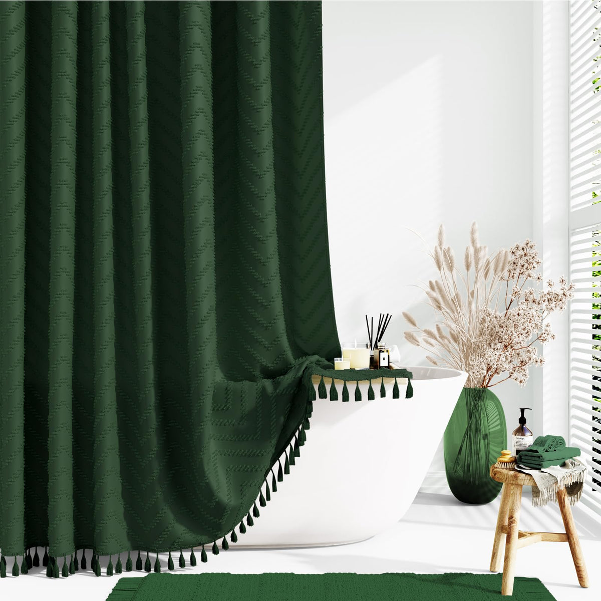 Dynamene Boho Farmhouse Shower Curtain, Dark Green Fabric Tufted Chevron Striped Textured Tassel Bathroomshower Curtains, Water