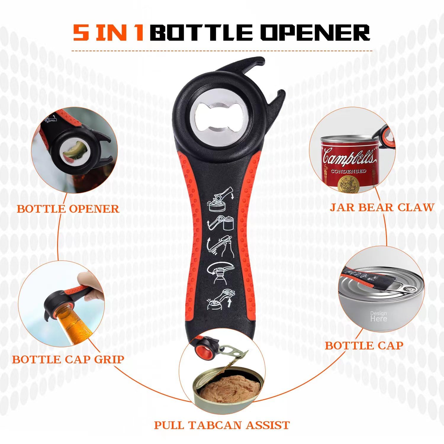 Bottle Can And Jar Grip Opener 5 Pack, Multi Kitchen Tools Set For Weak Hands, Children, Seniors With Arthritis, Lid Opener For