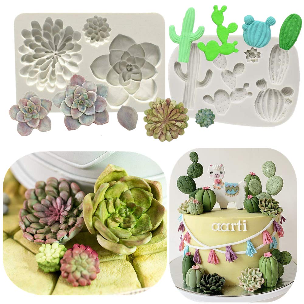 Laventy 2 Pcs Cactus Silicone Mold Cacti Fondant Mold Succulent Leaves Candy Molds Cactus Gumpaste Mold For Cupcake Cake Polymer