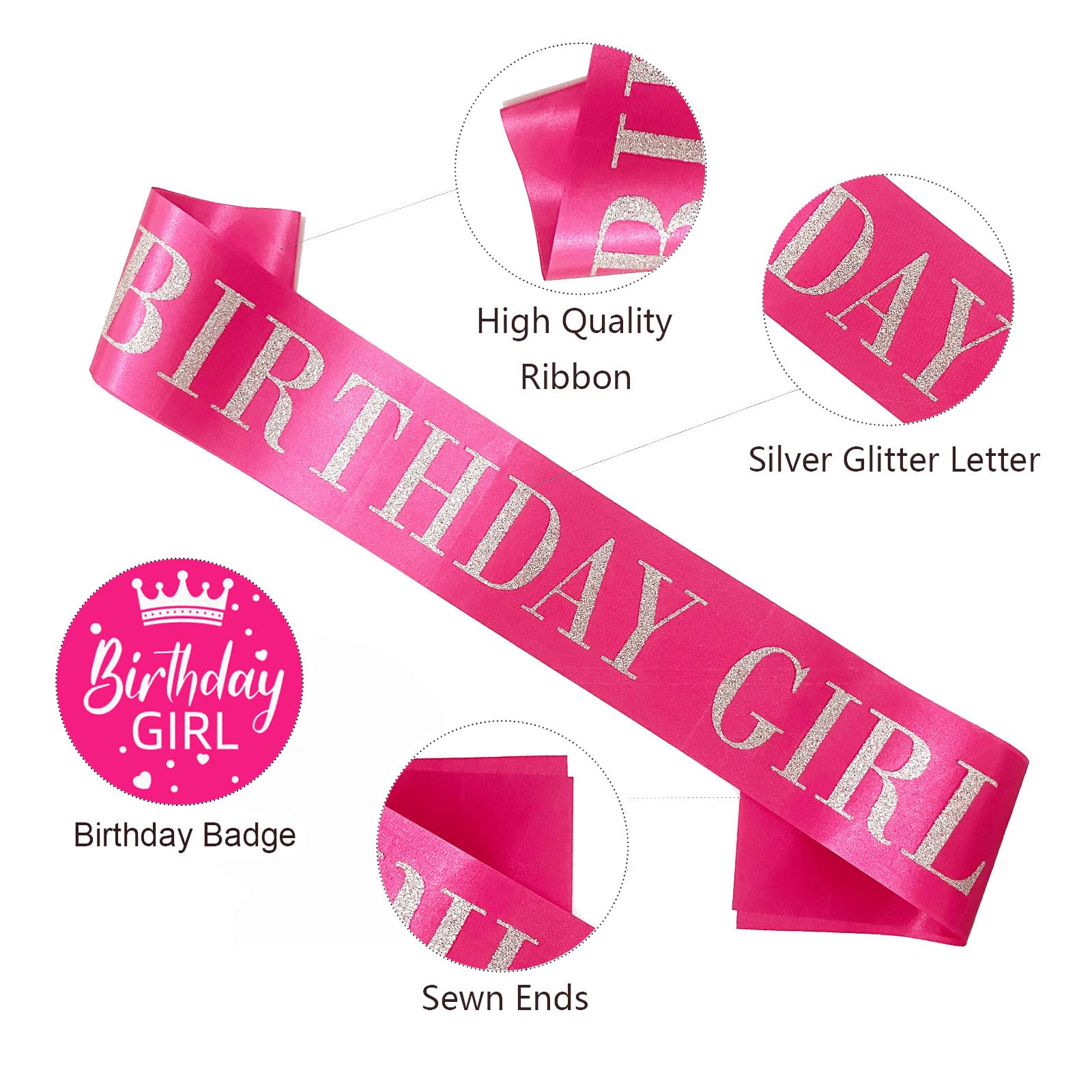 Birthday Girl Sash,Hot Pink Satin With Silver Glitter Letter, Happy 16Th,18Th,21St,30Th 40Th 50Th 60Th 70Th 80Th Or Any Other Bi