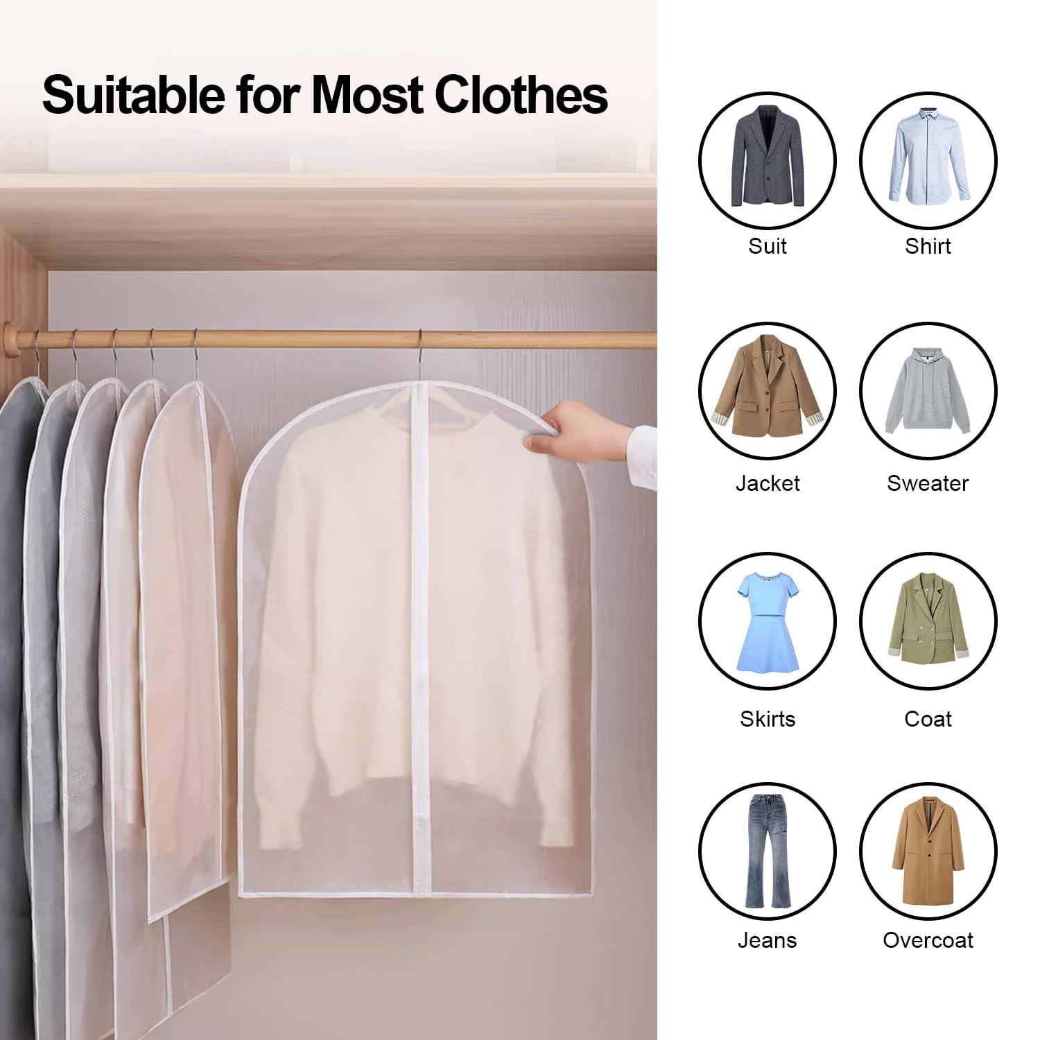 Wellong 10 Packs Combo Size Garments Bags, Clear Dress Bags For Closet Storage, Suit Cover Protecting Dusts With Zipper, Hanging