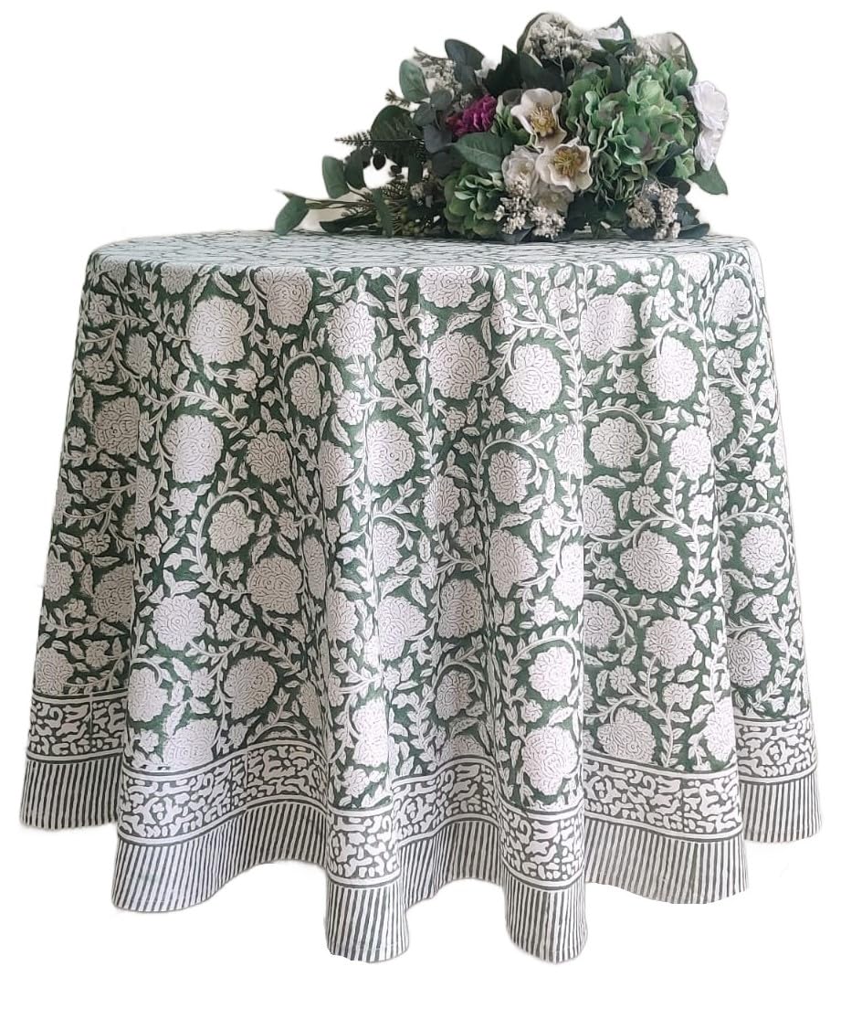 ATOSII Shalimar Green 100% Cotton Round Boho Fall Tablecloth, Handblock Floral Table Cloth Linen for Kitchen Dining I Parties We