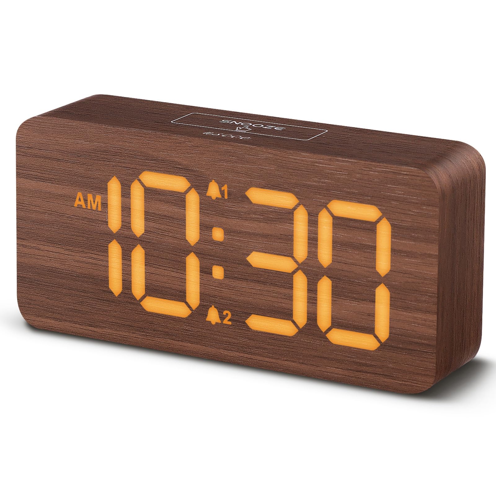 uscce Wooden Digital Alarm Clocks for Bedrooms: Dimmable Dual Alarm Clock with Large Numbers for Bedside Desk - Brown