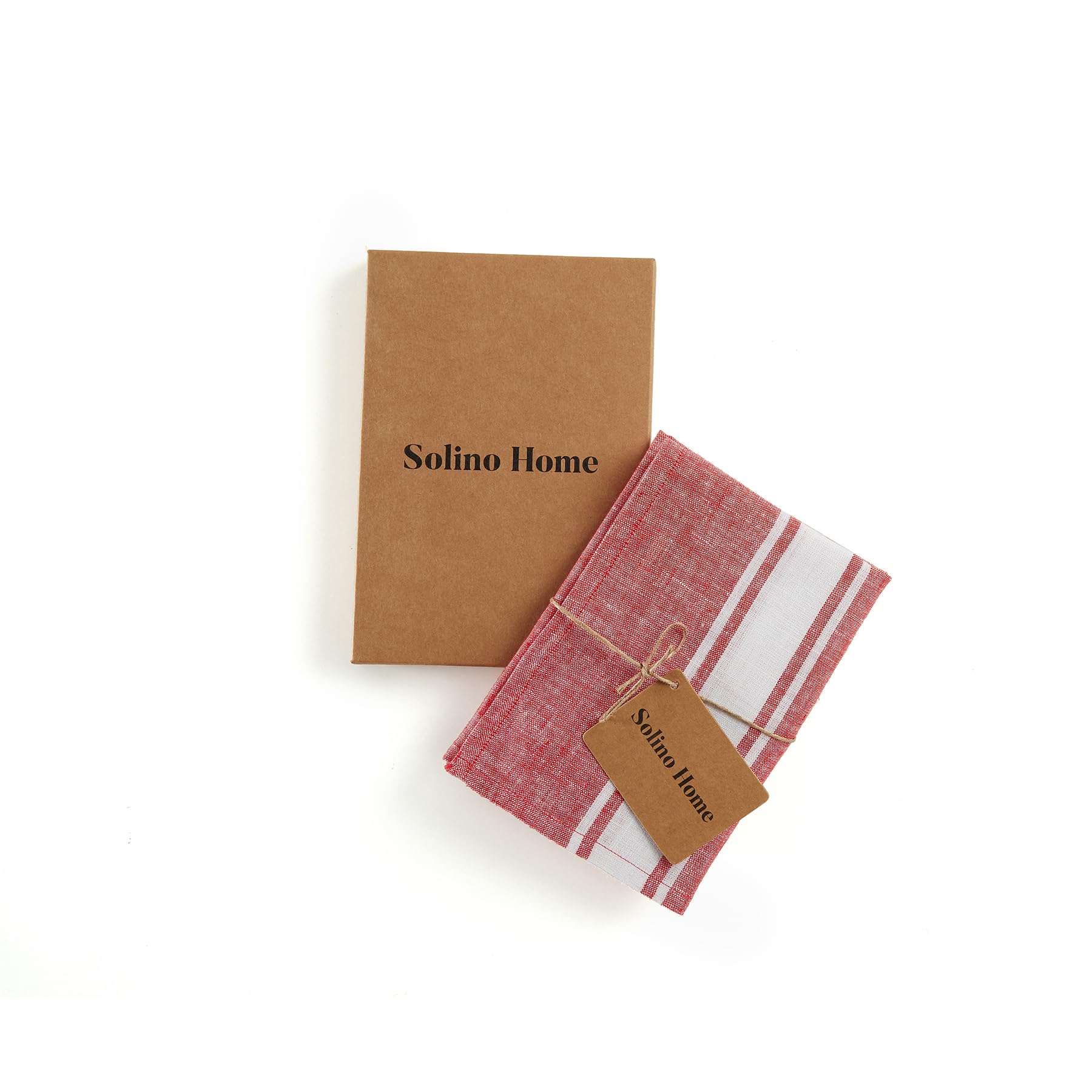 Solino Home Linen Kitchen Towels Set Of 2 - Red And White 17 X 26 Inch - 100% Pure Linen Farmhouse Stripe Kitchen/Tea Towels - M
