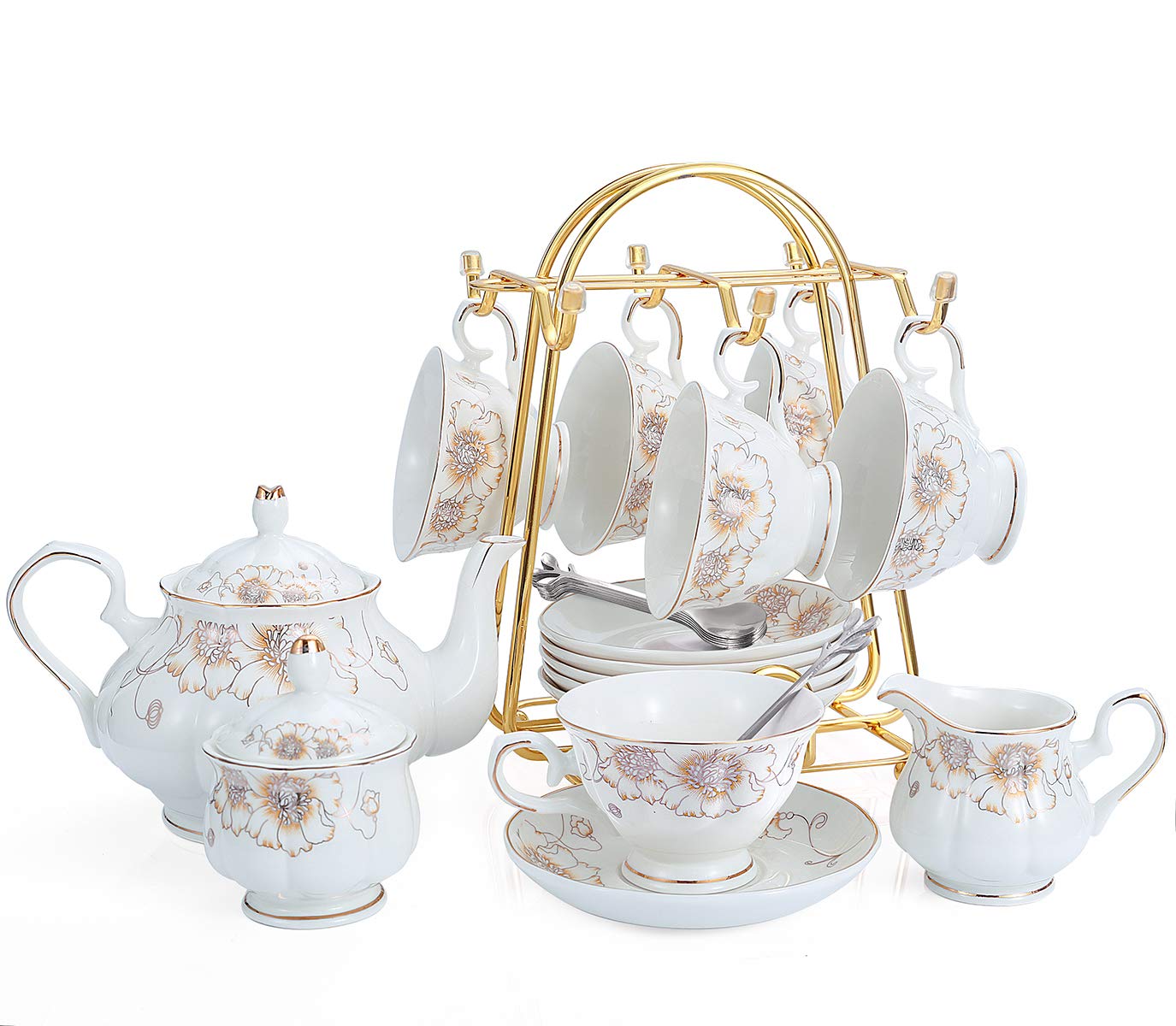 Chenp.Hmc Tea Set 22-Piece Porcelain Ceramic Coffee Tea Gift Sets Cups Saucer Service For 6 Teapot Sugar Bowl Creamer Pitcher An