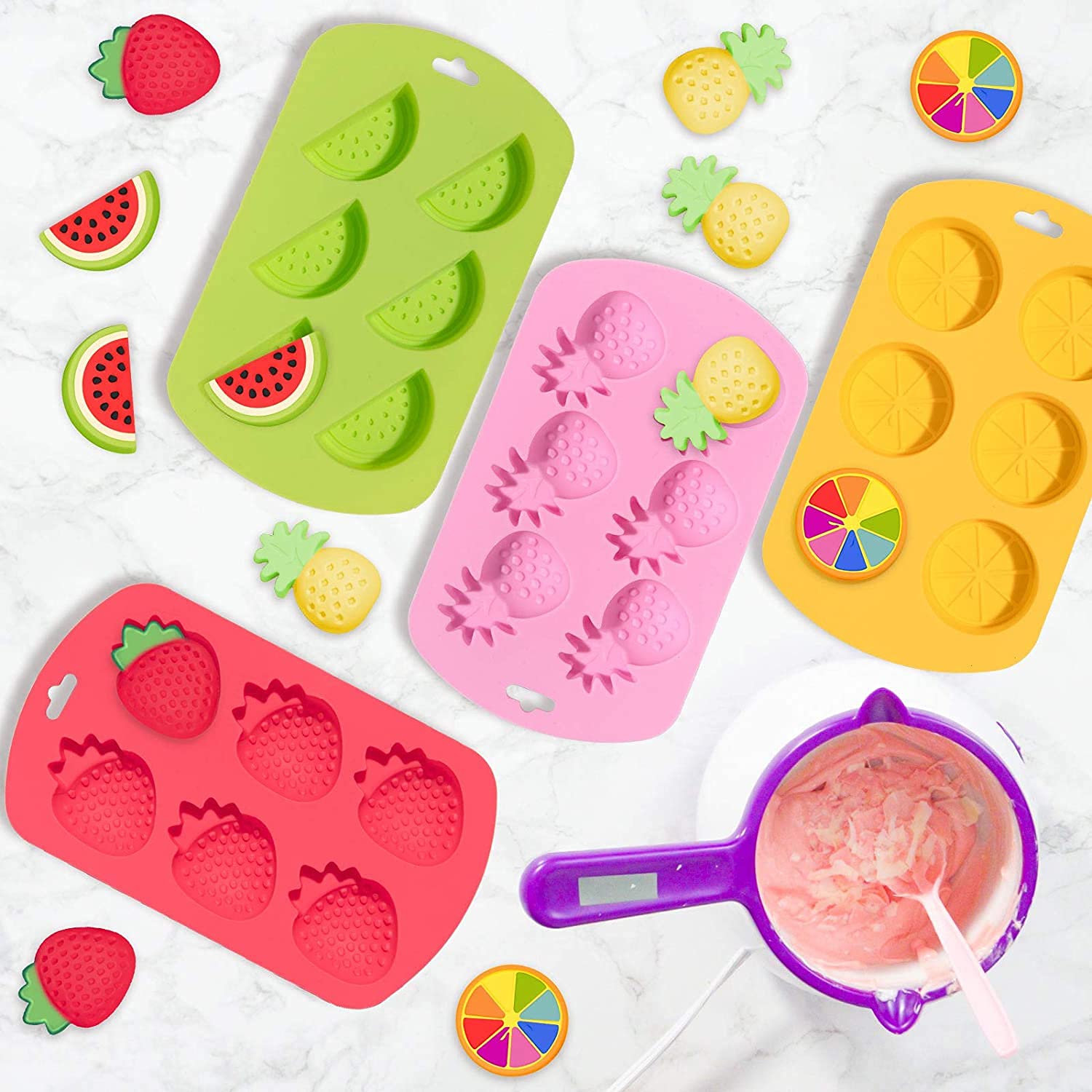 Cestony 4 Pieces 3D Fruit Shaped Silicone Molds Pineapple Orange Watermelon Strawberry Used For Diy Cake Biscuit Soap Sugar Pudd