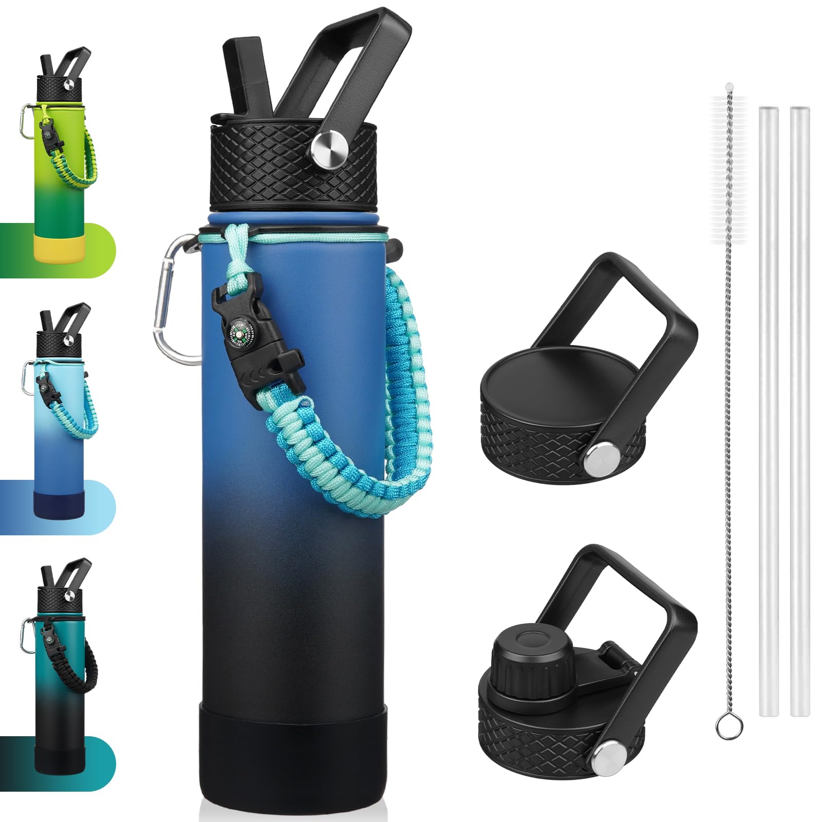 BJPKPK 27oz Insulated Water Bottles with 3 Lids, Paracord Handle & Non-slip Boot,Stainless Steel Water Bottle with Straw, BPA Fr