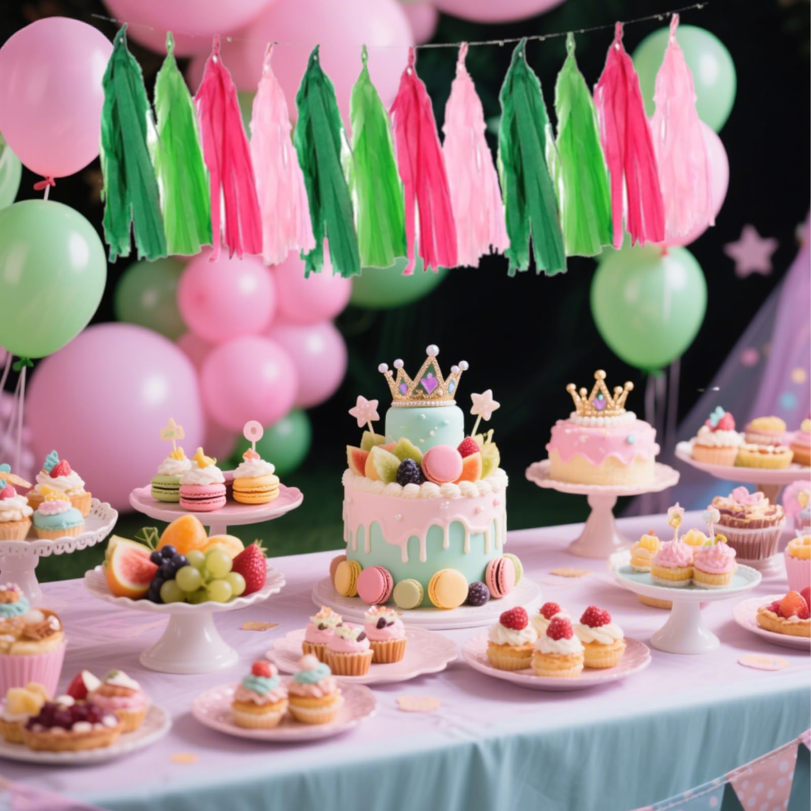 Pink and Green Tissue Paper Tassels Party Tassel Garland Banner for Hawaiian Summer Tropical Theme Party Birthday Wedding Decora