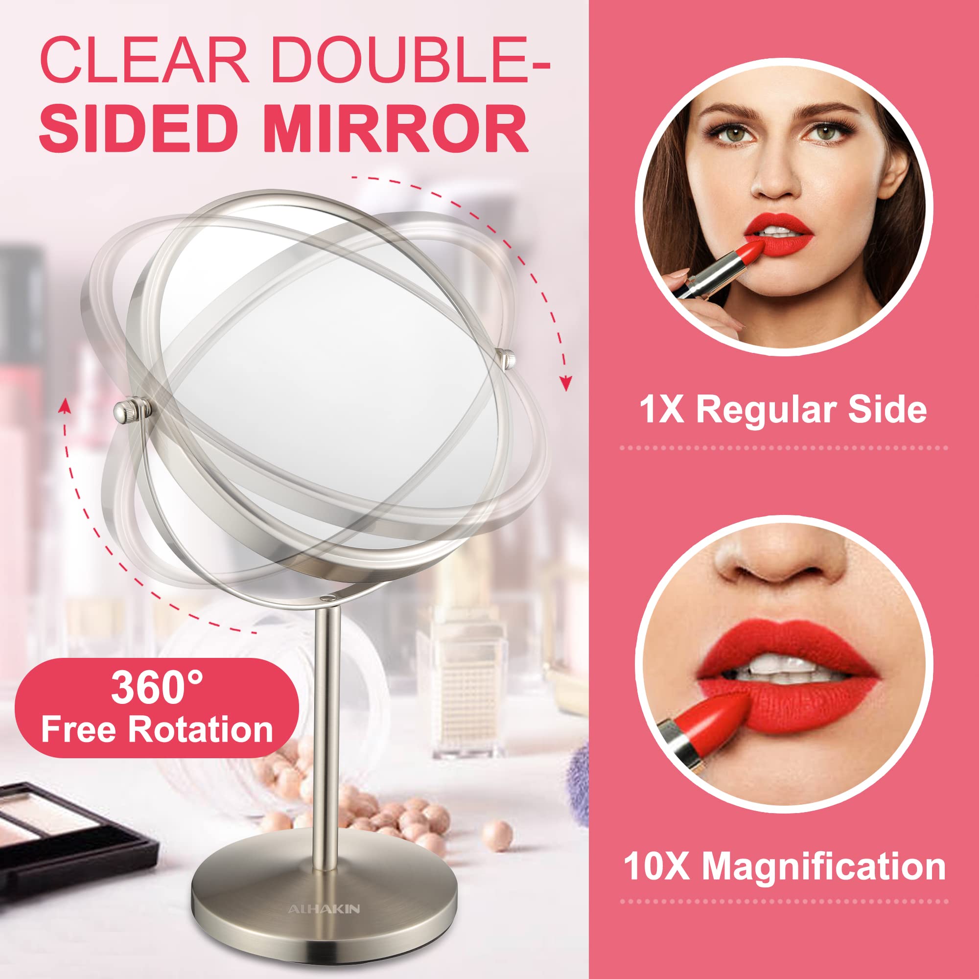 Alhakin Magnifying Makeup Mirror, 8-Inch Double Sided Vanity Tabletop Mirror With 10X Magnification, Nickel Finished