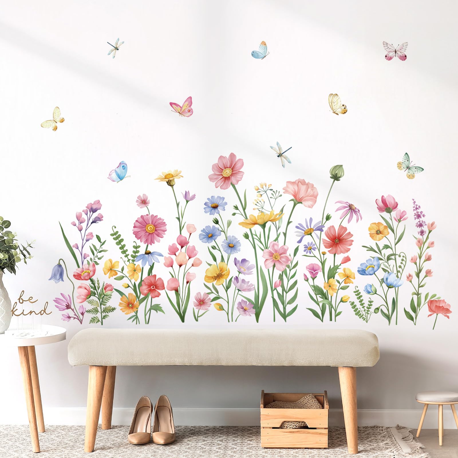 Wondever Pink Wildflower Wall Stickers Garden Flower Daisy Butterflies Floral Botanical Wall Art Decals For Bedroom Living Room