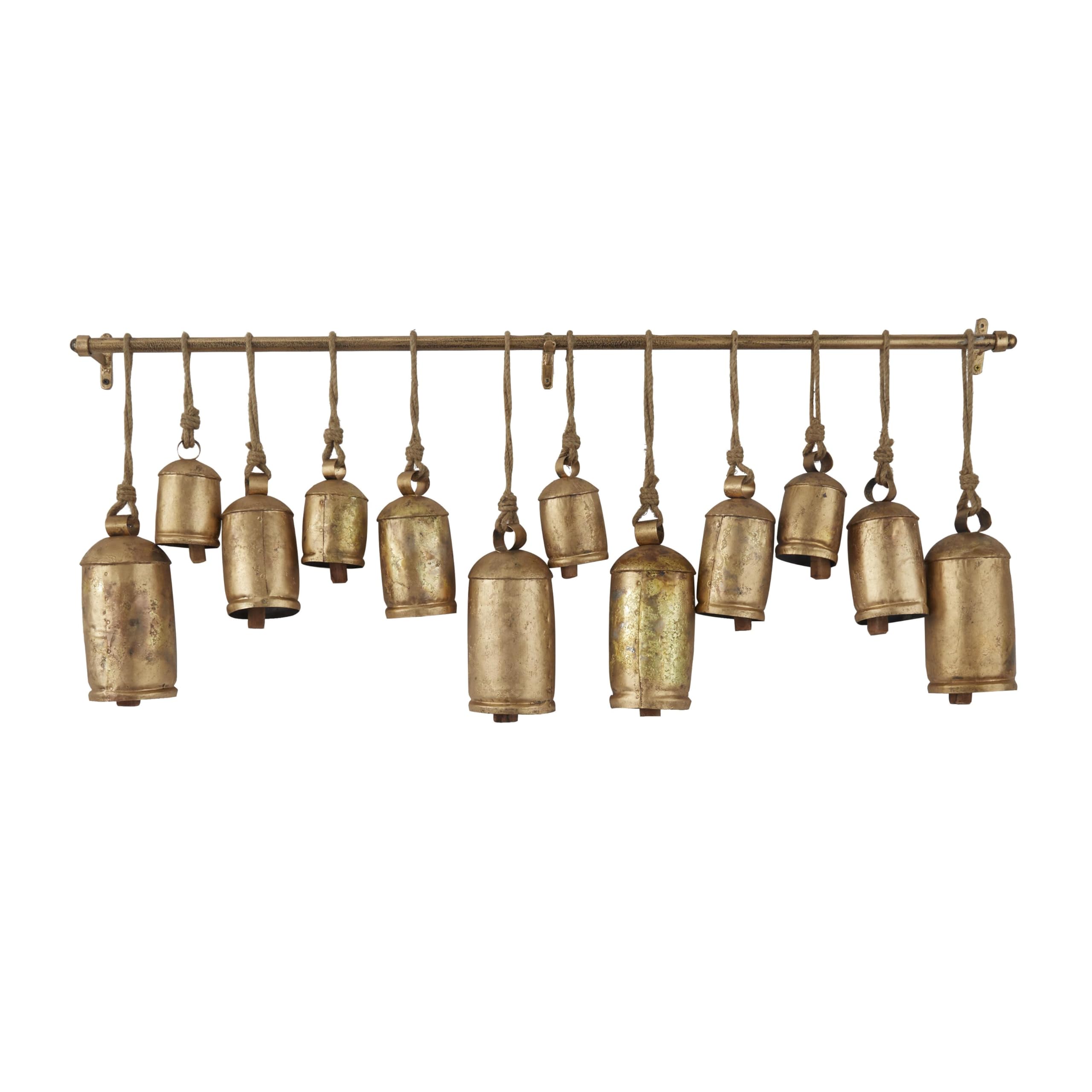 Deco 79 Metal Decorative Cow Tibetan Inspired with 12 Bells on Jute Hanging Ropes and Rod, 48 x 6 x 20, Gold