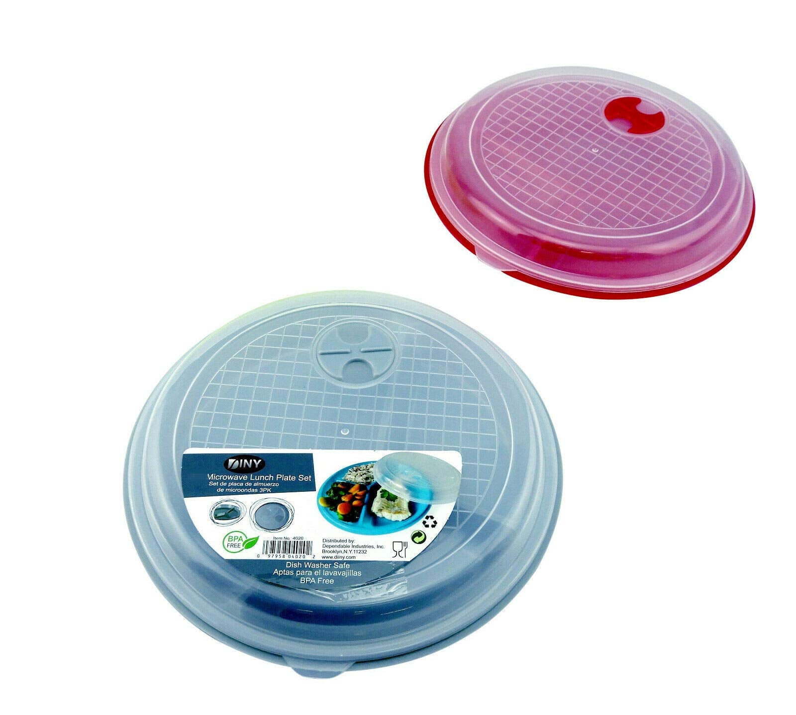 2 Pack - Microwave Food Storage Travel Tray Containers - Portion Control - 3 Section Compartment Divided Plates With Vented Lid