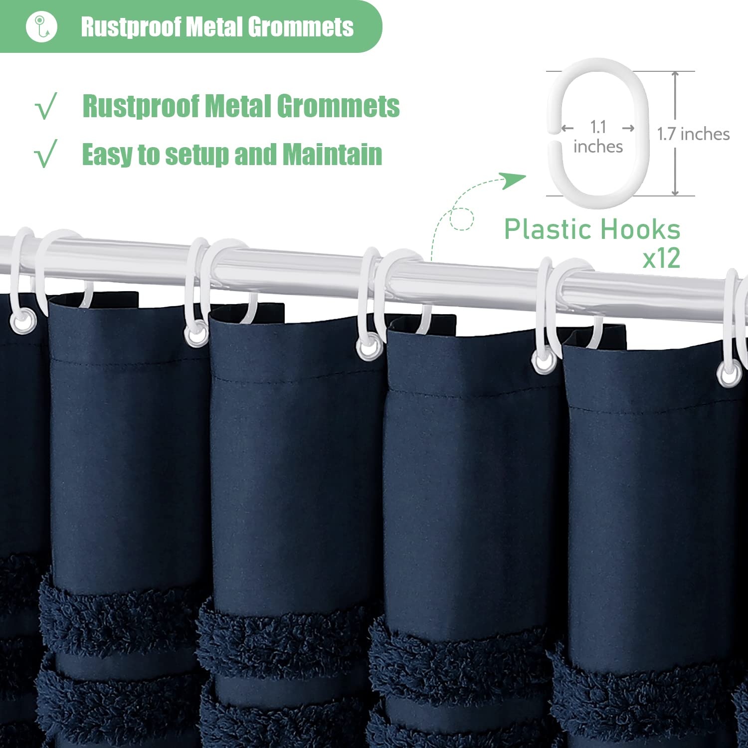 Dynamene Navy Blue Fabric Shower Curtain, Tufted Chenille Striped Textured Cloth Shower Curtains For Bathroom, Boho Farmhouse Sh