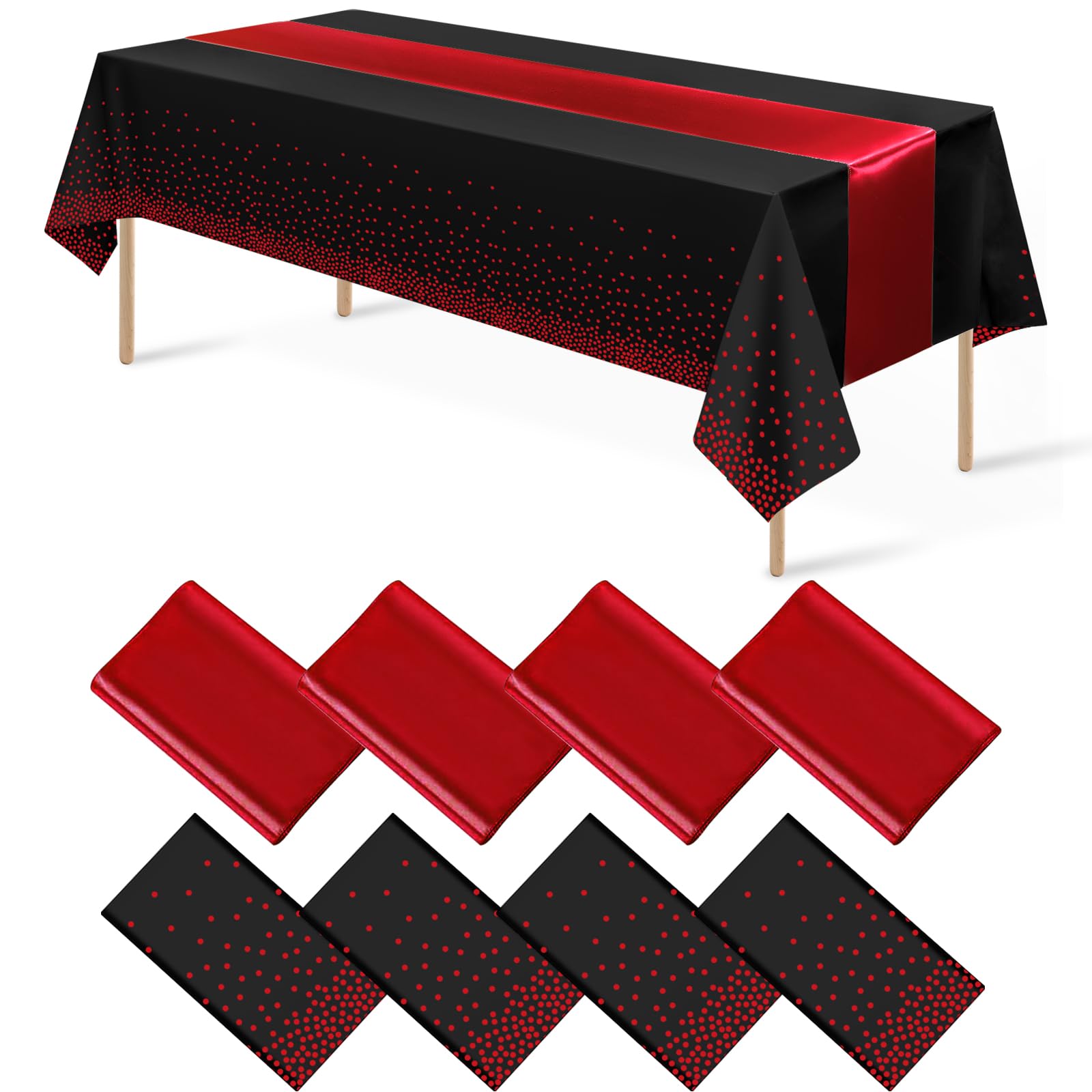 8Pack Disposable Plastic Party Tablecloths and Satin Table Runner Set Black and Red Dot Table Cloth Red Satin Table Runner for W