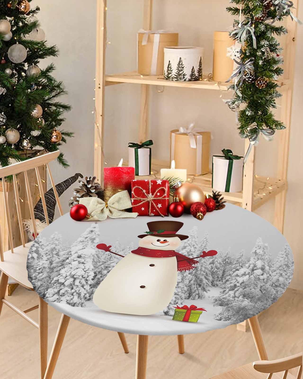 Christmas Snowman Round Fitted Table Cover For Dining Tables,Elastic Edged Tablecloth Winter Snowy Pine Forest Waterproof Oil Pr