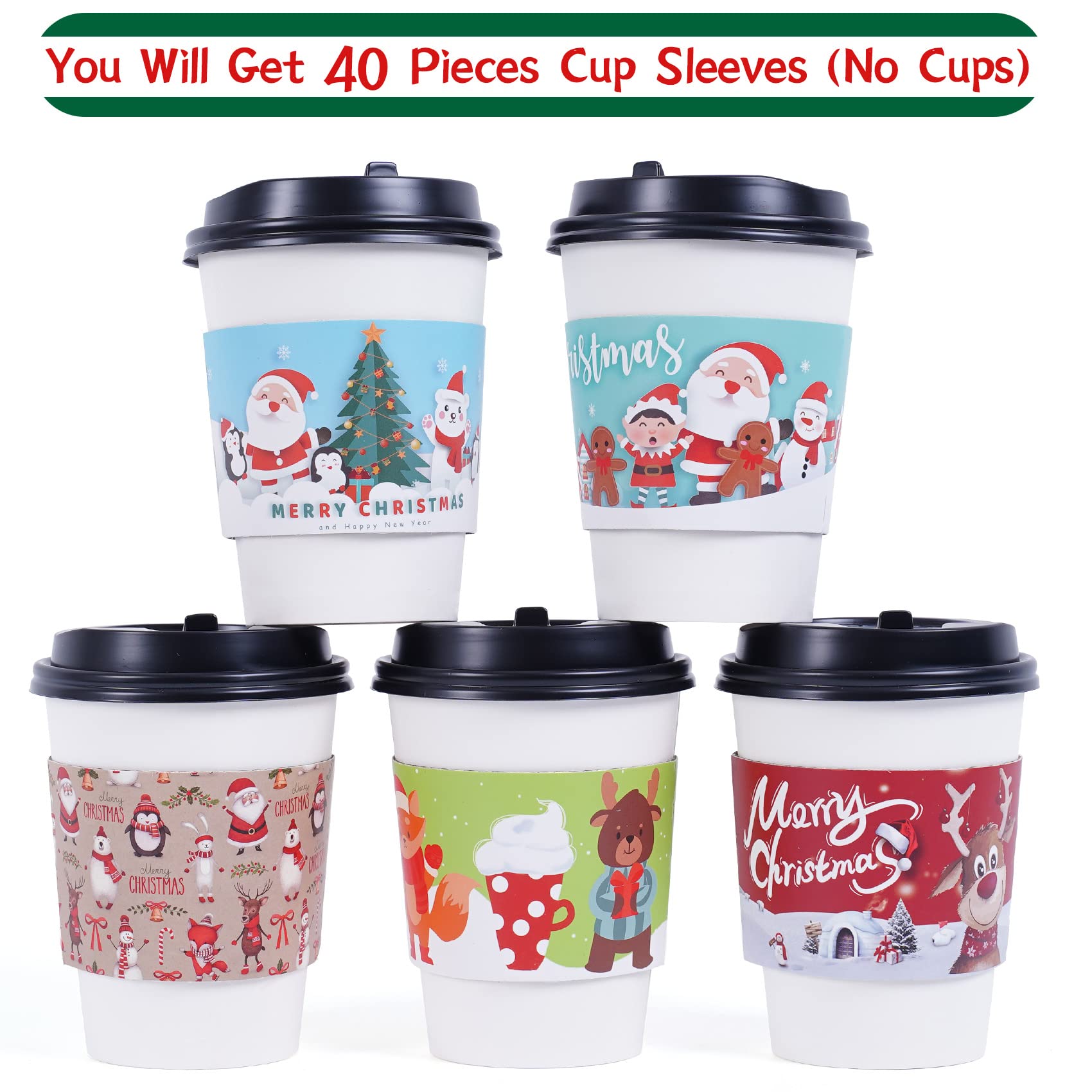 Smarimple Christmas Coffee Cup Sleeves 40 Count Hot Chocolate Cocoa Paper Cup Sleeves, Double-Layer Protective Heat Cold Drinks