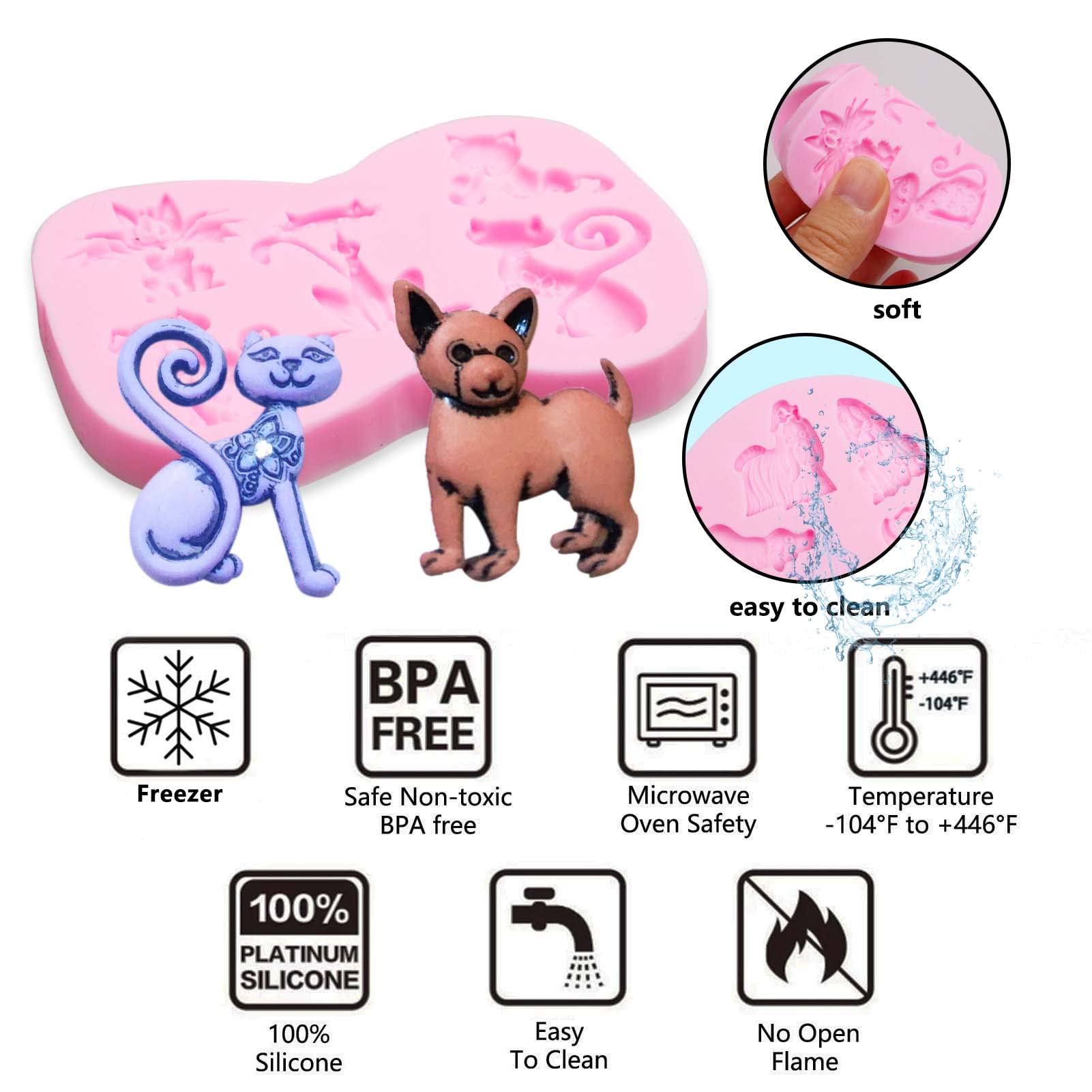 Dog Molds Silicone Fondant, 2 Packs Mini Cute Cats Dogs Fondant Animal Chocolate Molds For Baby Birthday Party Cake Decoration,